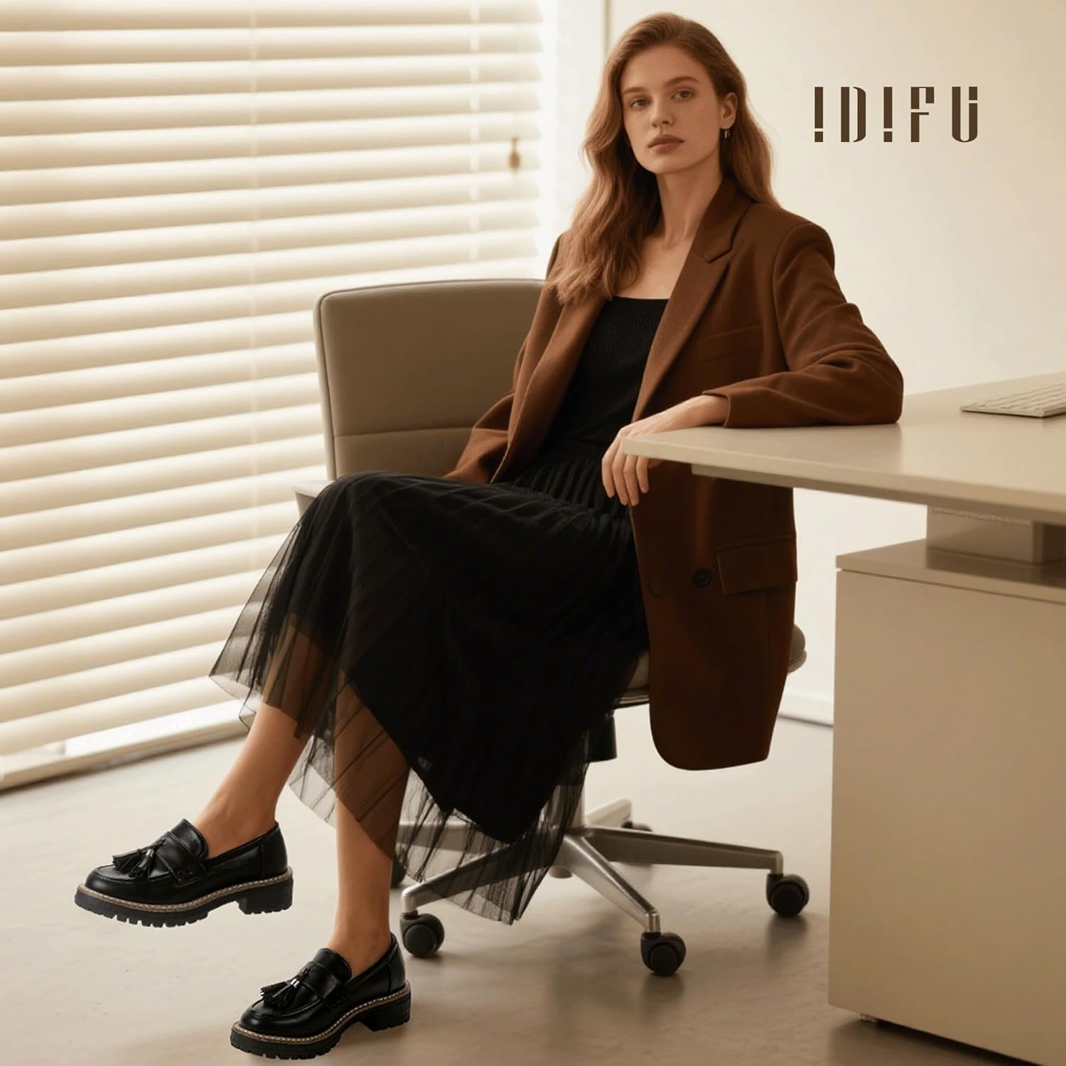 image:imageIDIFU IN2 Platform Loafers for Women Lug Sole Slip on Shoes Chunky Penny Low Heeled Loafers for Women Fall Work Business Office Party Casual Comfortable Fashion Closed Toe Dress Shoes with TasselBlack Pu