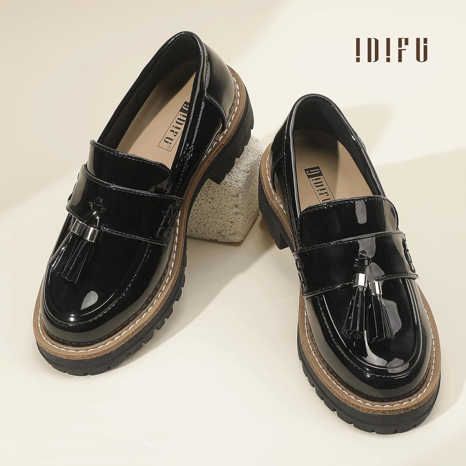 image:imageIDIFU IN2 Platform Loafers for Women Lug Sole Slip on Shoes Chunky Penny Low Heeled Loafers for Women Fall Work Business Office Party Casual Comfortable Fashion Closed Toe Dress Shoes with TasselBlack Pat