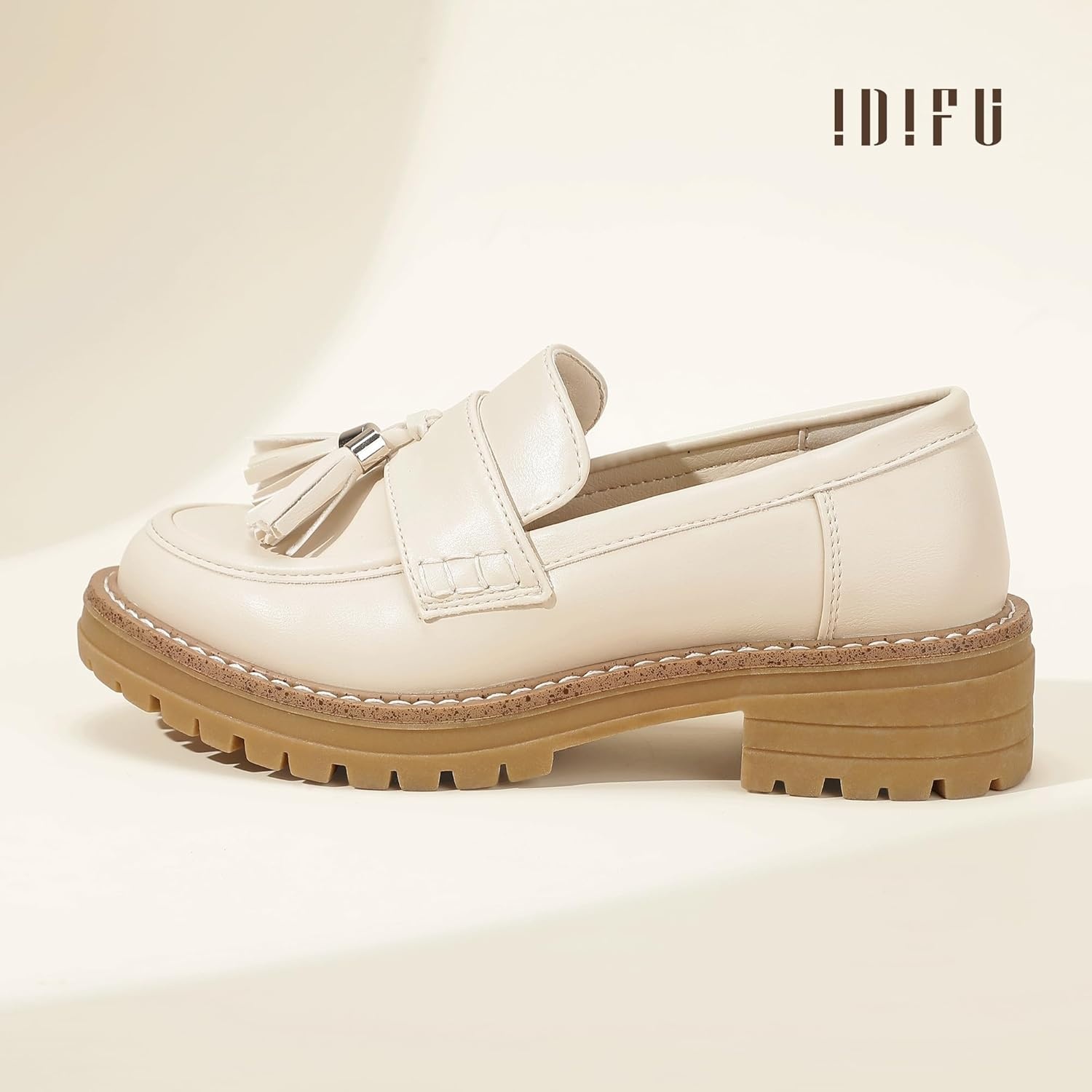 image:imageIDIFU IN2 Platform Loafers for Women Lug Sole Slip on Shoes Chunky Penny Low Heeled Loafers for Women Fall Work Business Office Party Casual Comfortable Fashion Closed Toe Dress Shoes with TasselBeige Pu