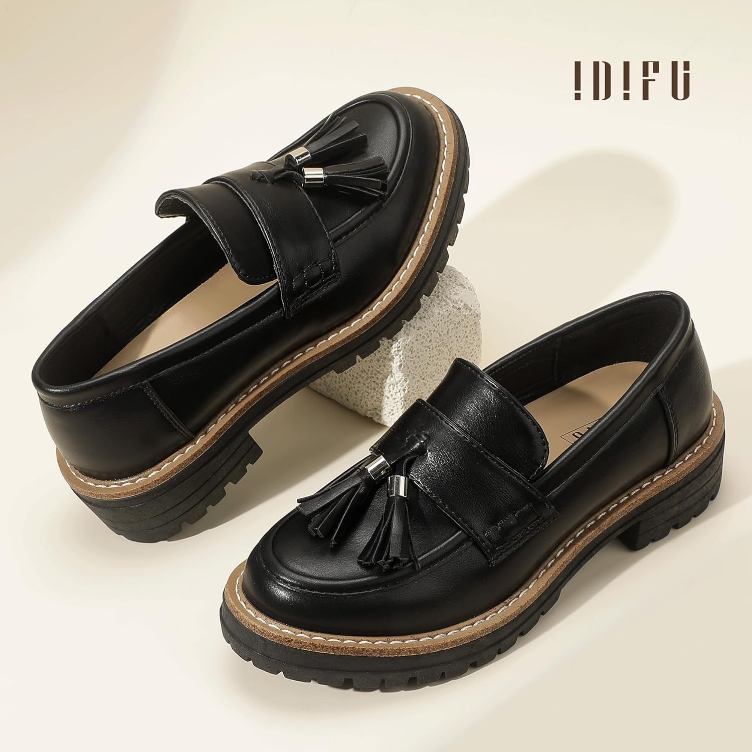 image:imageIDIFU IN2 Platform Loafers for Women Lug Sole Slip on Shoes Chunky Penny Low Heeled Loafers for Women Fall Work Business Office Party Casual Comfortable Fashion Closed Toe Dress Shoes with TasselBlack Pu