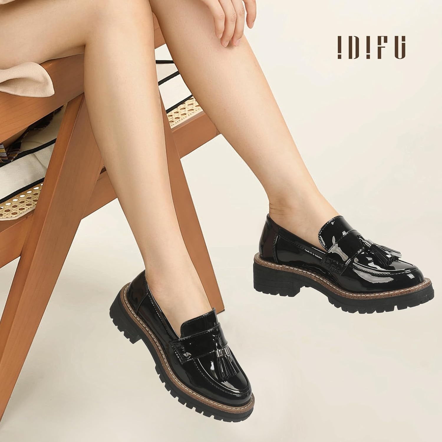 image:imageIDIFU IN2 Platform Loafers for Women Lug Sole Slip on Shoes Chunky Penny Low Heeled Loafers for Women Fall Work Business Office Party Casual Comfortable Fashion Closed Toe Dress Shoes with TasselBlack Pat