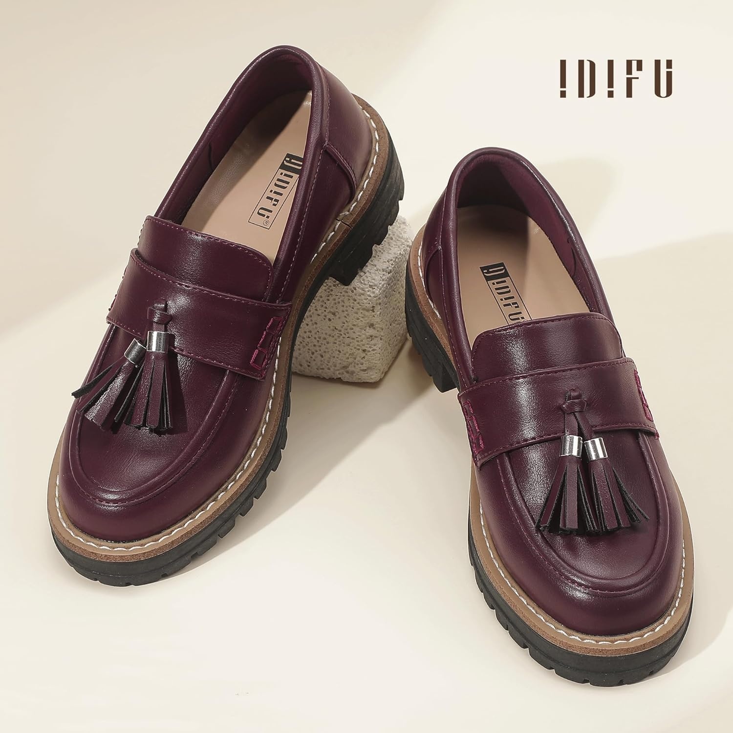 image:imageIDIFU IN2 Platform Loafers for Women Lug Sole Slip on Shoes Chunky Penny Low Heeled Loafers for Women Fall Work Business Office Party Casual Comfortable Fashion Closed Toe Dress Shoes with TasselBurgundy Pu