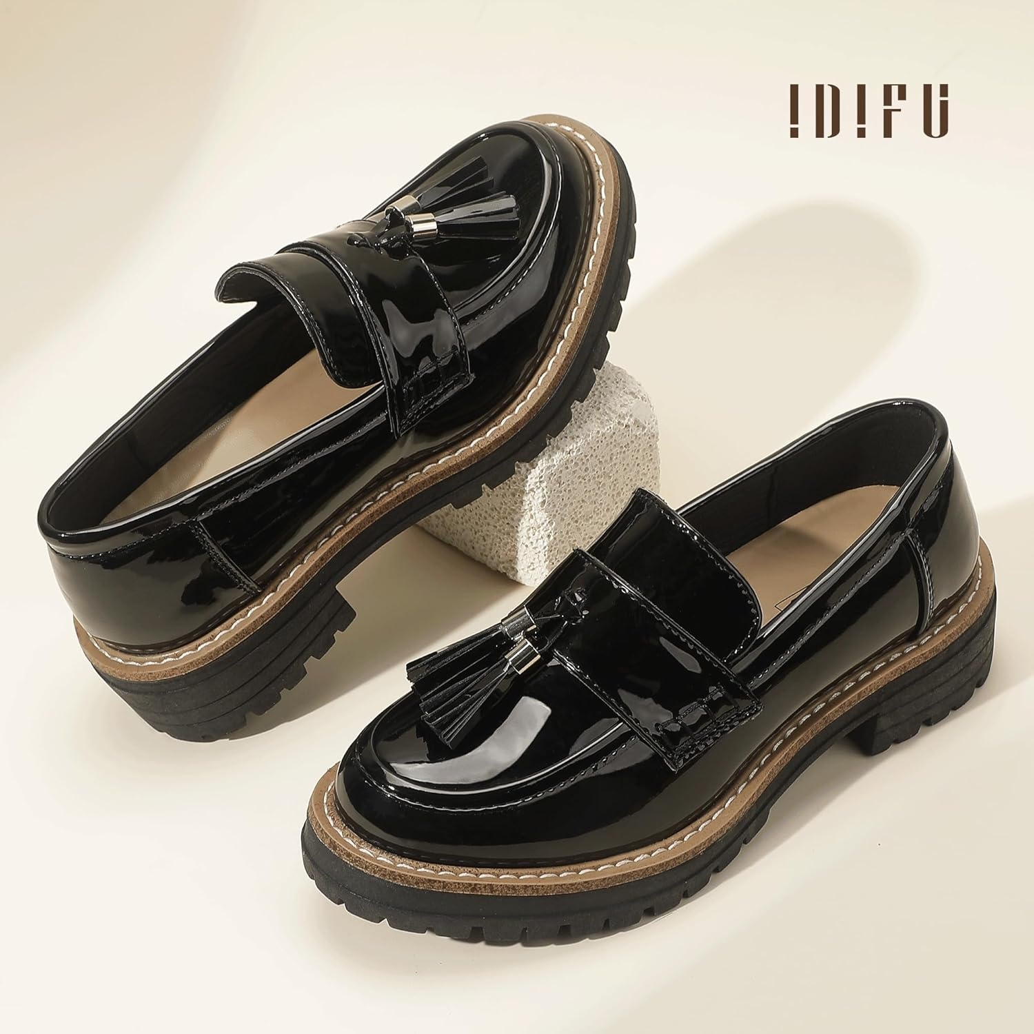 image:imageIDIFU IN2 Platform Loafers for Women Lug Sole Slip on Shoes Chunky Penny Low Heeled Loafers for Women Fall Work Business Office Party Casual Comfortable Fashion Closed Toe Dress Shoes with TasselBlack Pat