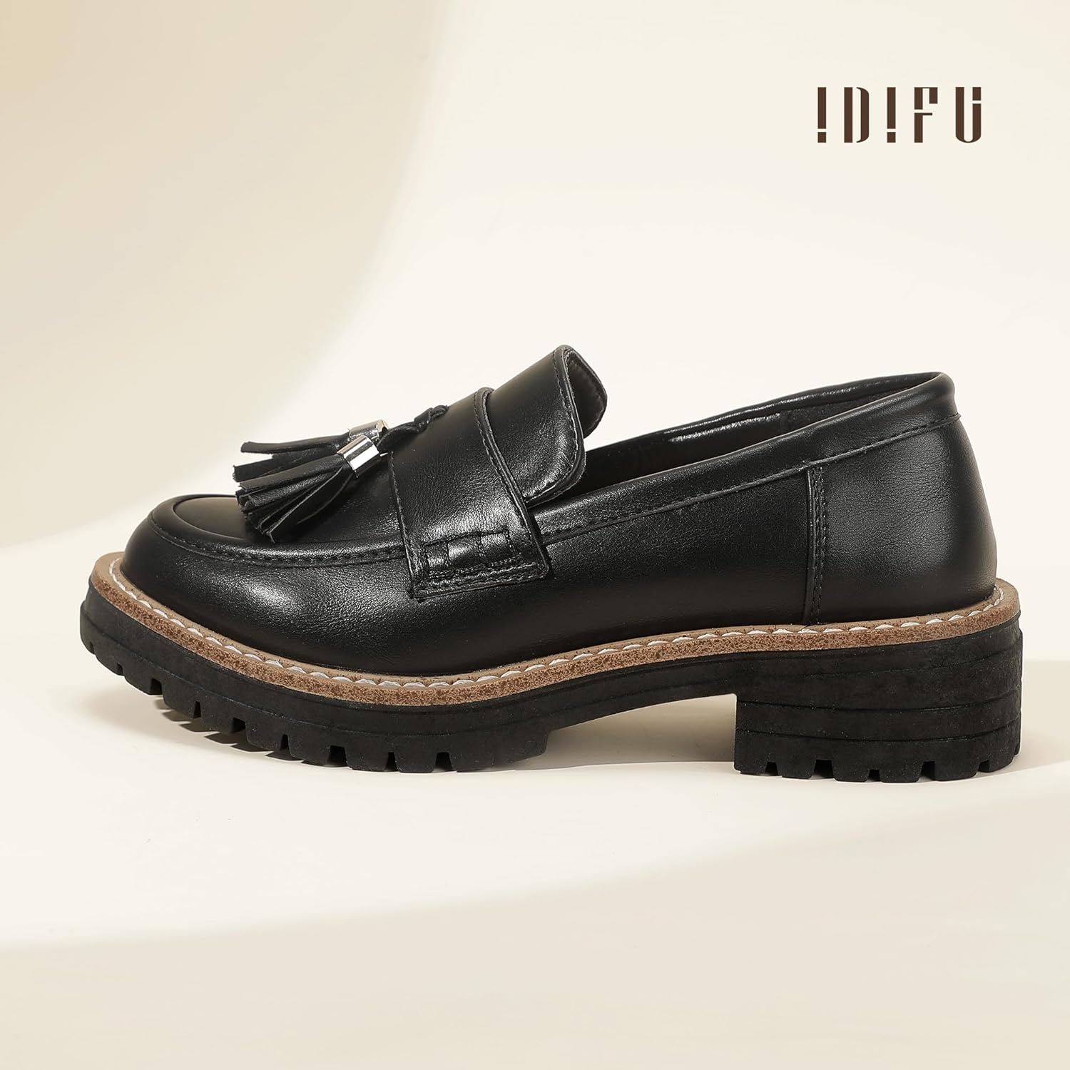 image:imageIDIFU IN2 Platform Loafers for Women Lug Sole Slip on Shoes Chunky Penny Low Heeled Loafers for Women Fall Work Business Office Party Casual Comfortable Fashion Closed Toe Dress Shoes with TasselBlack Pu