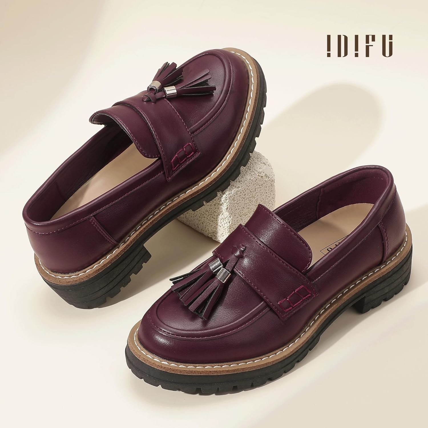 image:imageIDIFU IN2 Platform Loafers for Women Lug Sole Slip on Shoes Chunky Penny Low Heeled Loafers for Women Fall Work Business Office Party Casual Comfortable Fashion Closed Toe Dress Shoes with TasselBurgundy Pu