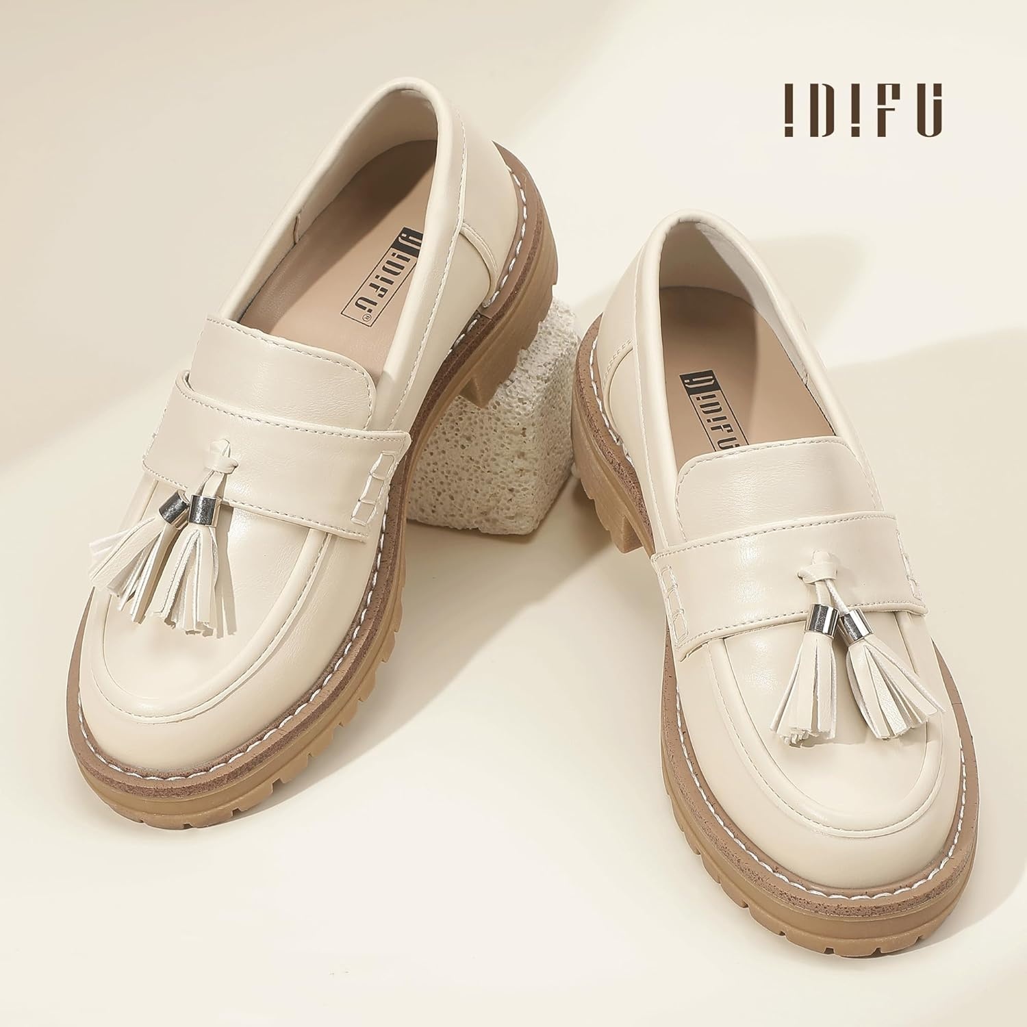 image:imageIDIFU IN2 Platform Loafers for Women Lug Sole Slip on Shoes Chunky Penny Low Heeled Loafers for Women Fall Work Business Office Party Casual Comfortable Fashion Closed Toe Dress Shoes with TasselBeige Pu