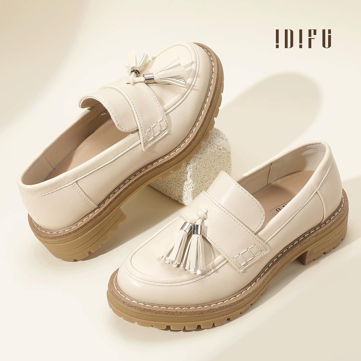 image:imageIDIFU IN2 Platform Loafers for Women Lug Sole Slip on Shoes Chunky Penny Low Heeled Loafers for Women Fall Work Business Office Party Casual Comfortable Fashion Closed Toe Dress Shoes with TasselBeige Pu