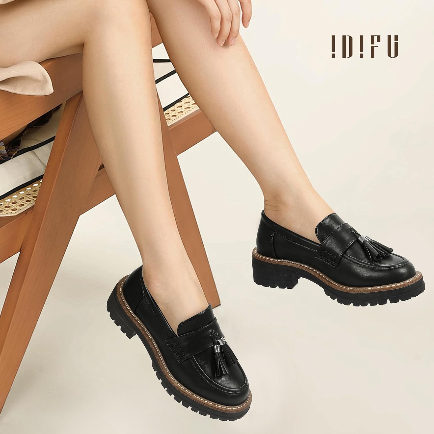 image:imageIDIFU IN2 Platform Loafers for Women Lug Sole Slip on Shoes Chunky Penny Low Heeled Loafers for Women Fall Work Business Office Party Casual Comfortable Fashion Closed Toe Dress Shoes with TasselBlack Pu