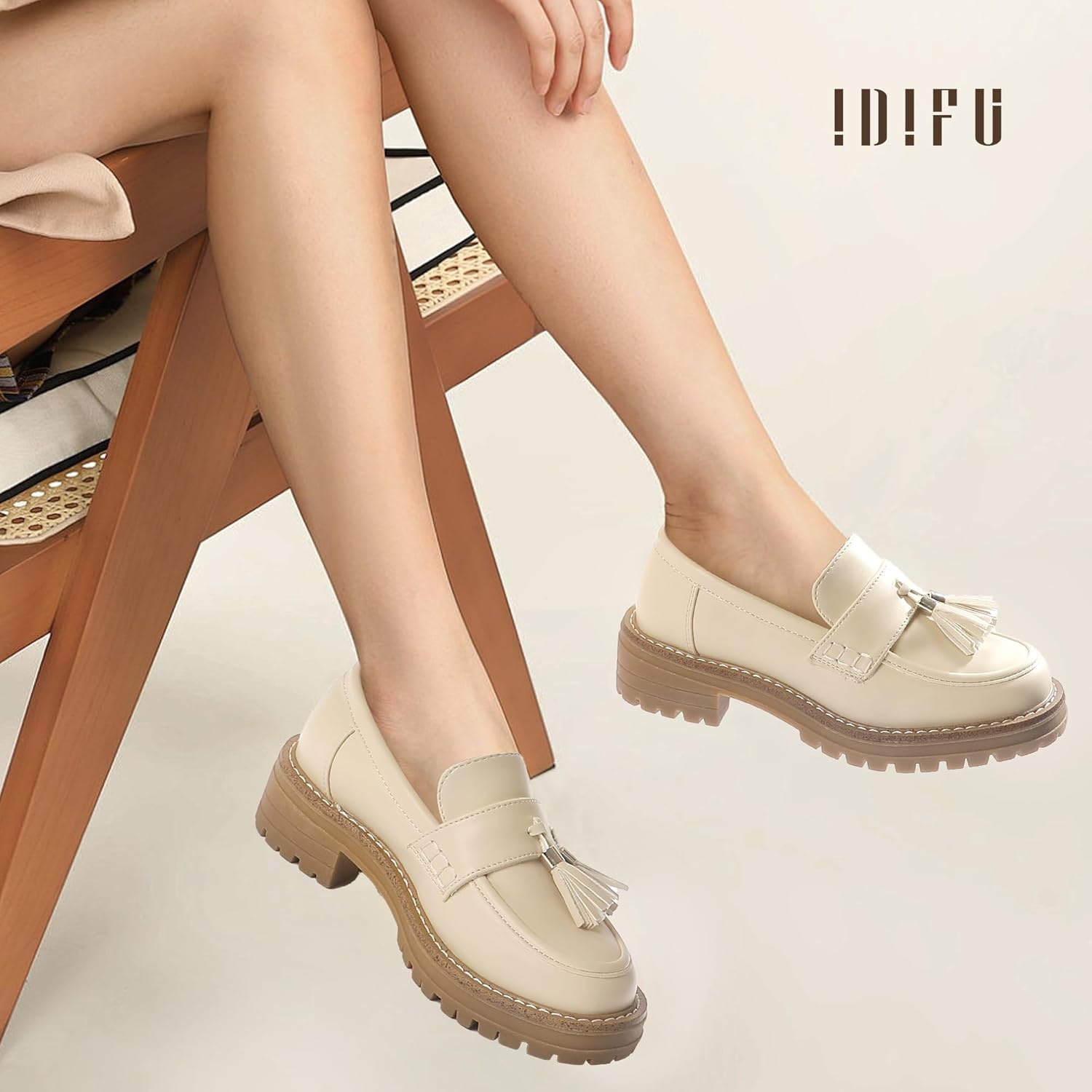image:imageIDIFU IN2 Platform Loafers for Women Lug Sole Slip on Shoes Chunky Penny Low Heeled Loafers for Women Fall Work Business Office Party Casual Comfortable Fashion Closed Toe Dress Shoes with TasselBeige Pu