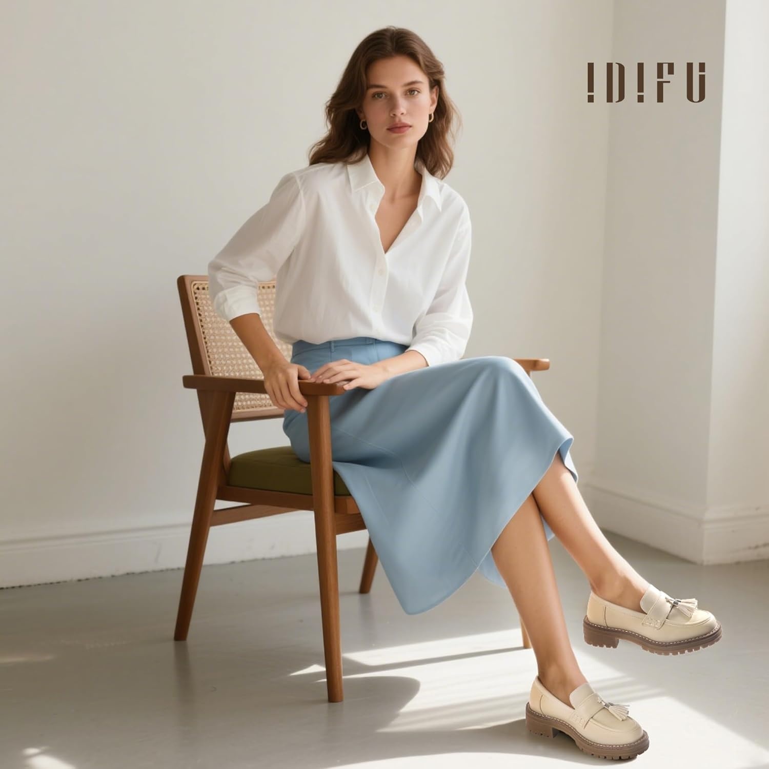 image:imageIDIFU IN2 Platform Loafers for Women Lug Sole Slip on Shoes Chunky Penny Low Heeled Loafers for Women Fall Work Business Office Party Casual Comfortable Fashion Closed Toe Dress Shoes with TasselBeige Pu