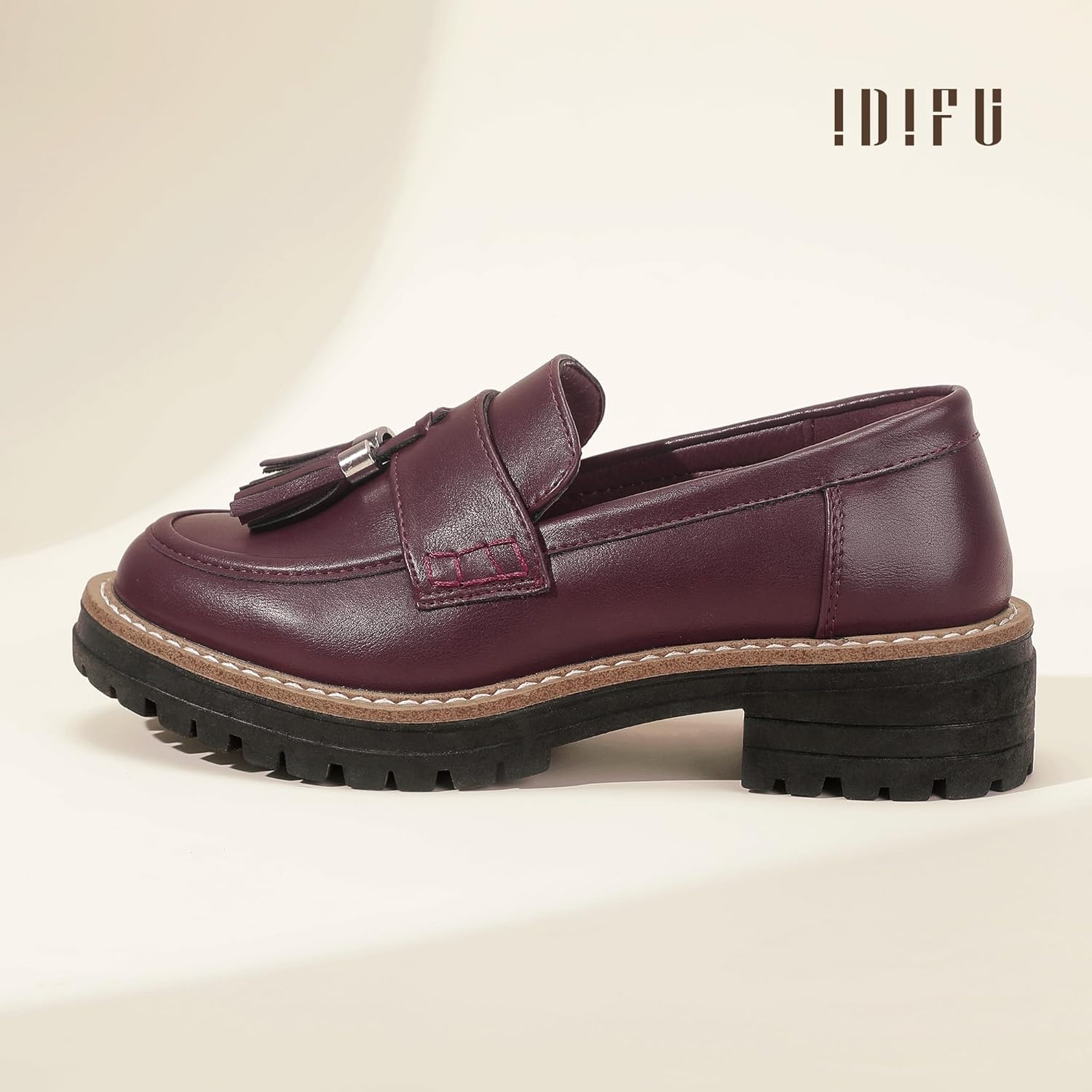 image:imageIDIFU IN2 Platform Loafers for Women Lug Sole Slip on Shoes Chunky Penny Low Heeled Loafers for Women Fall Work Business Office Party Casual Comfortable Fashion Closed Toe Dress Shoes with TasselBurgundy Pu