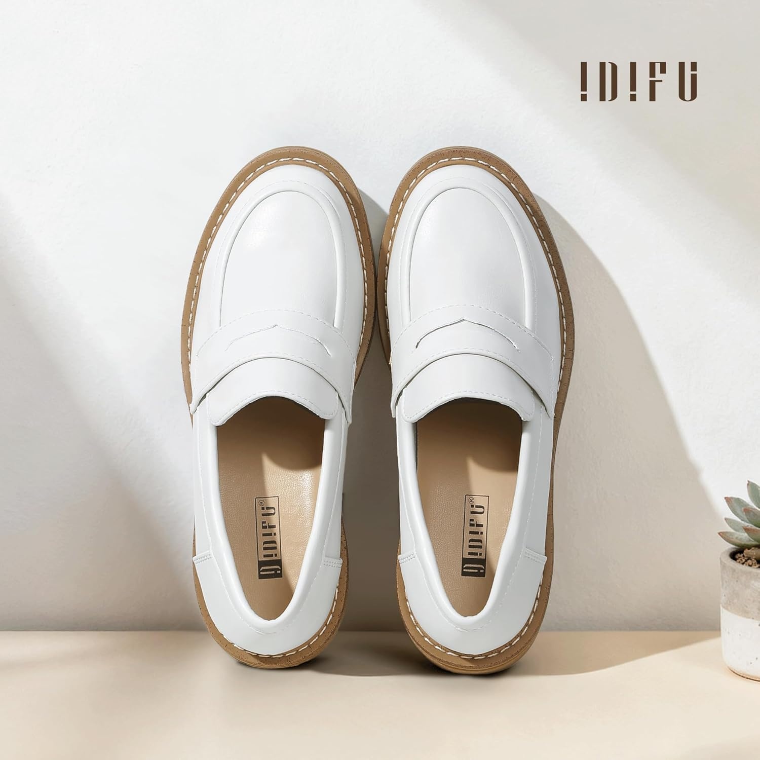 image:imageIDIFU IN2 Womens Platform Loafers Chunky Penny Heeled Loafer Lug Sole Slip On Closed Toe Dress Shoes for Women Dressy Comfortable Work Office Business Casual Loafers ShoesWhite Pu