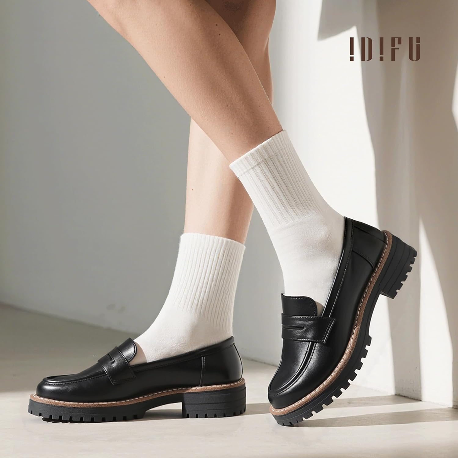 image:imageIDIFU IN2 Womens Platform Loafers Chunky Penny Heeled Loafer Lug Sole Slip On Closed Toe Dress Shoes for Women Dressy Comfortable Work Office Business Casual Loafers ShoesBlack Pu