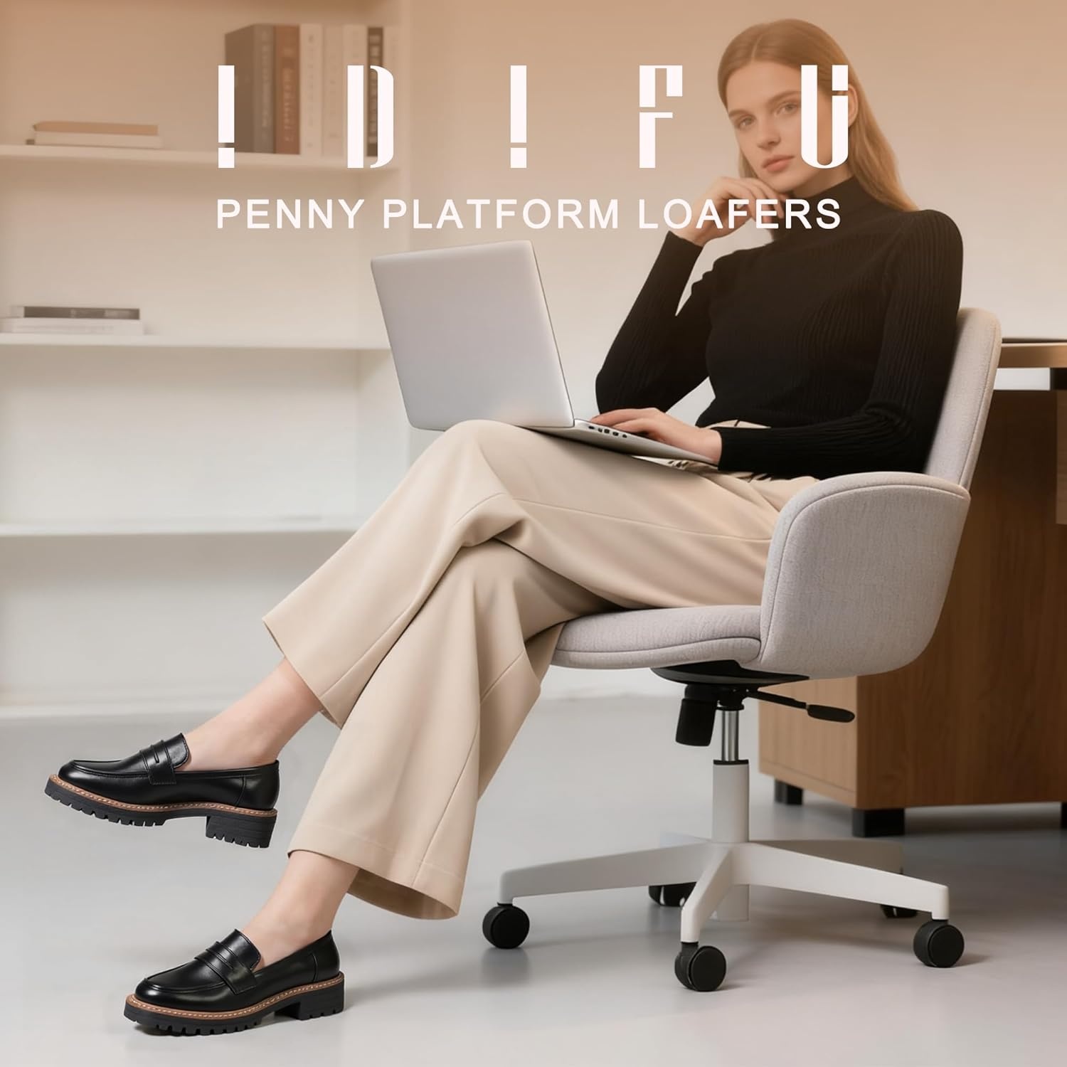 image:imageIDIFU IN2 Womens Platform Loafers Chunky Penny Heeled Loafer Lug Sole Slip On Closed Toe Dress Shoes for Women Dressy Comfortable Work Office Business Casual Loafers ShoesBlack Pu