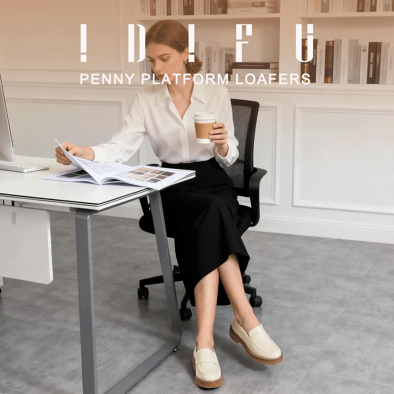 image:imageIDIFU IN2 Womens Platform Loafers Chunky Penny Heeled Loafer Lug Sole Slip On Closed Toe Dress Shoes for Women Dressy Comfortable Work Office Business Casual Loafers ShoesBeige Pu