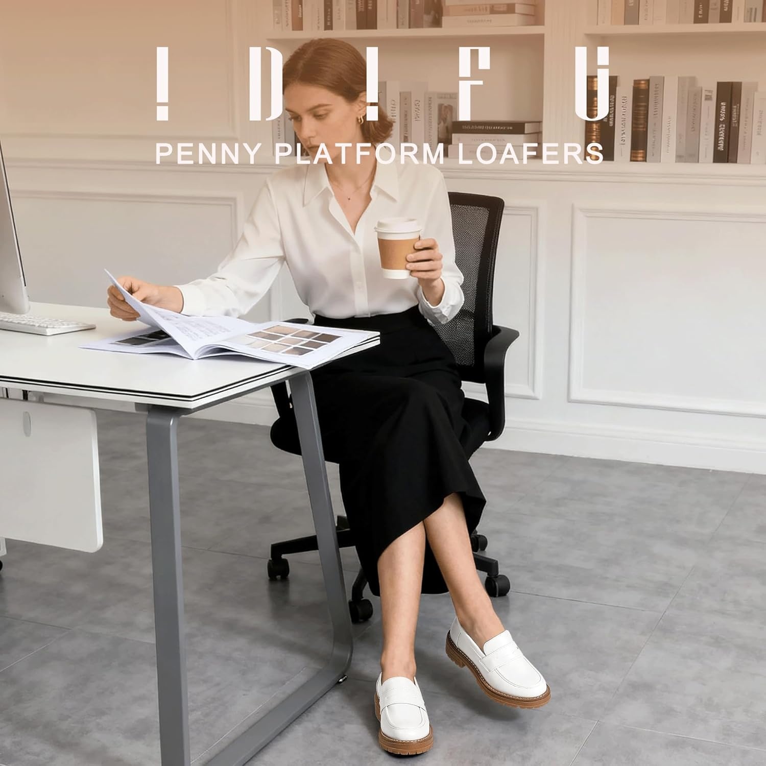 image:imageIDIFU IN2 Womens Platform Loafers Chunky Penny Heeled Loafer Lug Sole Slip On Closed Toe Dress Shoes for Women Dressy Comfortable Work Office Business Casual Loafers ShoesWhite Pu