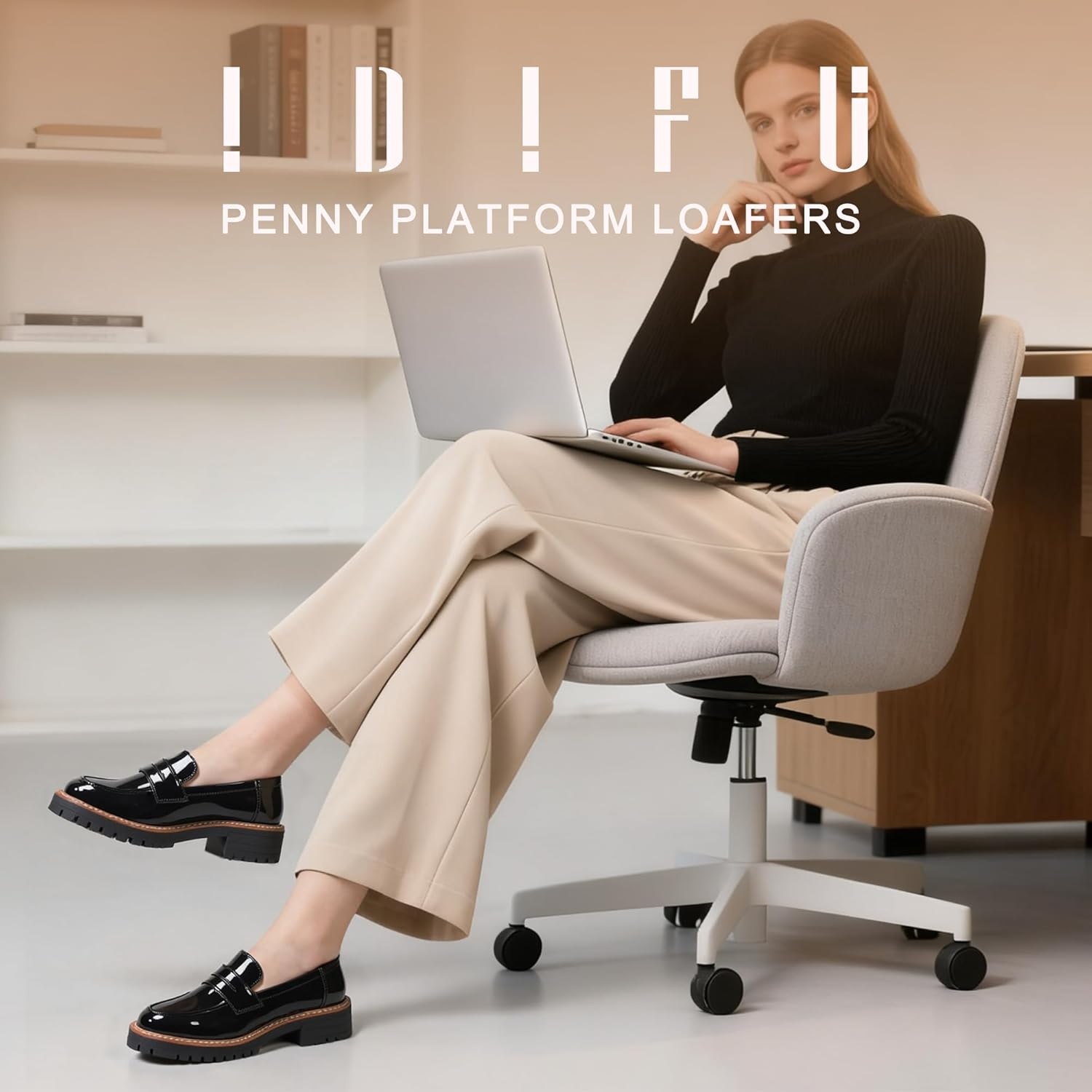 image:imageIDIFU IN2 Womens Platform Loafers Chunky Penny Heeled Loafer Lug Sole Slip On Closed Toe Dress Shoes for Women Dressy Comfortable Work Office Business Casual Loafers ShoesBlack Pat