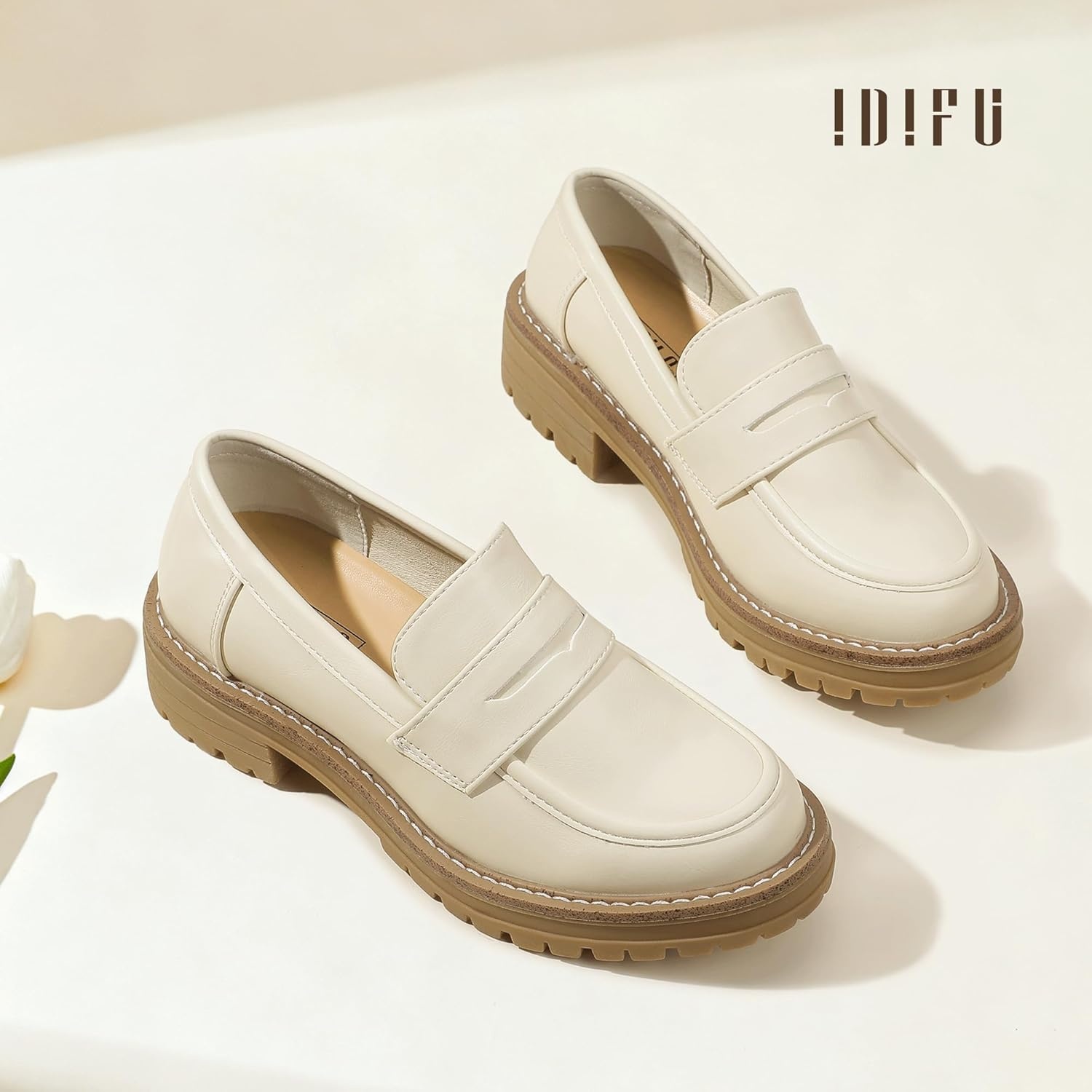 image:imageIDIFU IN2 Womens Platform Loafers Chunky Penny Heeled Loafer Lug Sole Slip On Closed Toe Dress Shoes for Women Dressy Comfortable Work Office Business Casual Loafers ShoesBeige Pu