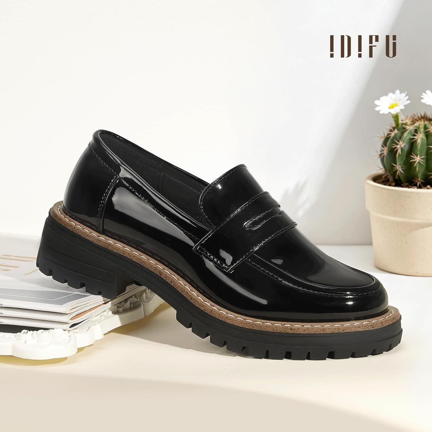 image:imageIDIFU IN2 Womens Platform Loafers Chunky Penny Heeled Loafer Lug Sole Slip On Closed Toe Dress Shoes for Women Dressy Comfortable Work Office Business Casual Loafers ShoesBlack Pat