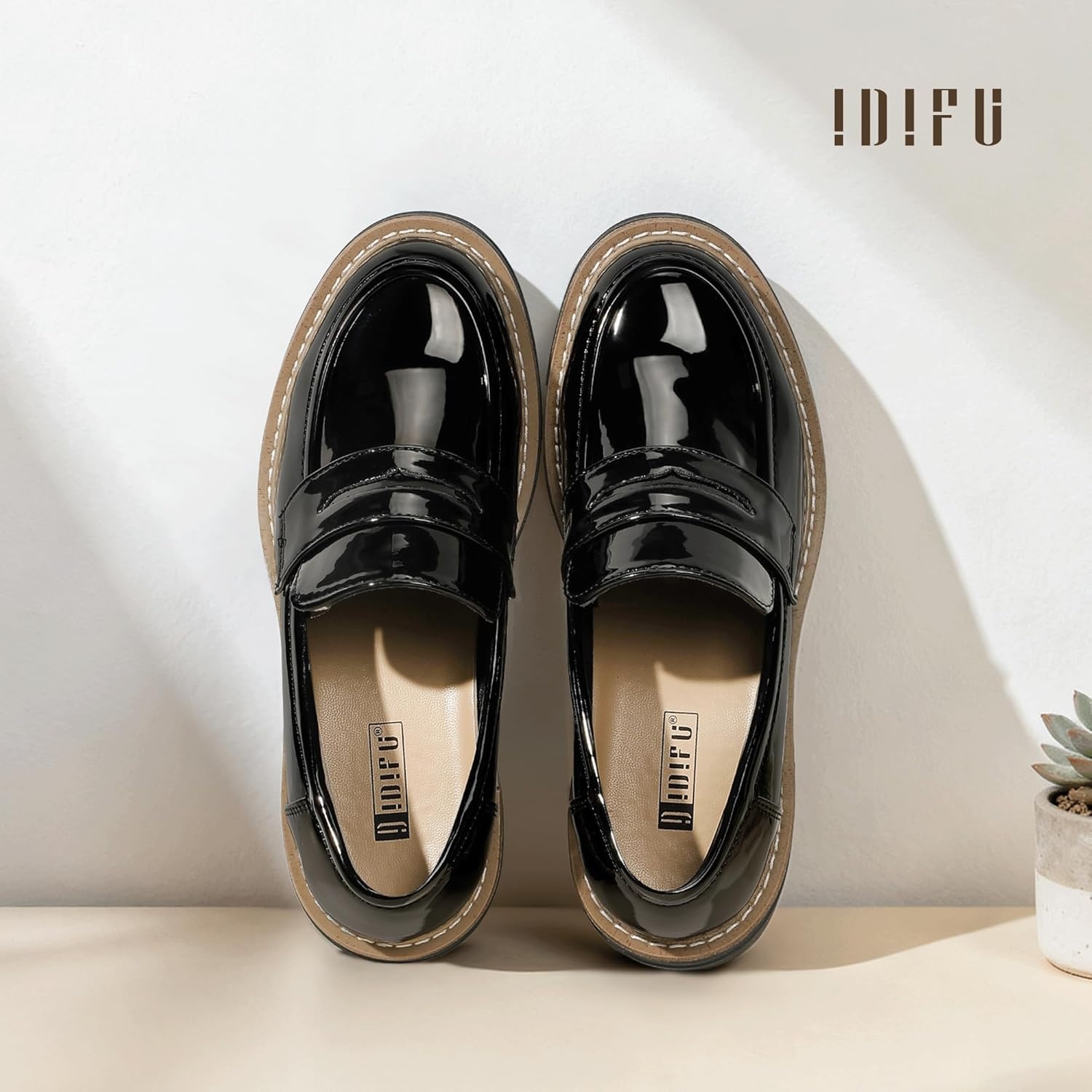 image:imageIDIFU IN2 Womens Platform Loafers Chunky Penny Heeled Loafer Lug Sole Slip On Closed Toe Dress Shoes for Women Dressy Comfortable Work Office Business Casual Loafers ShoesBlack Pat