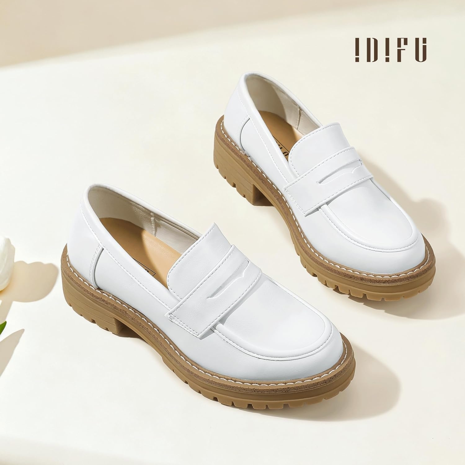 image:imageIDIFU IN2 Womens Platform Loafers Chunky Penny Heeled Loafer Lug Sole Slip On Closed Toe Dress Shoes for Women Dressy Comfortable Work Office Business Casual Loafers ShoesWhite Pu