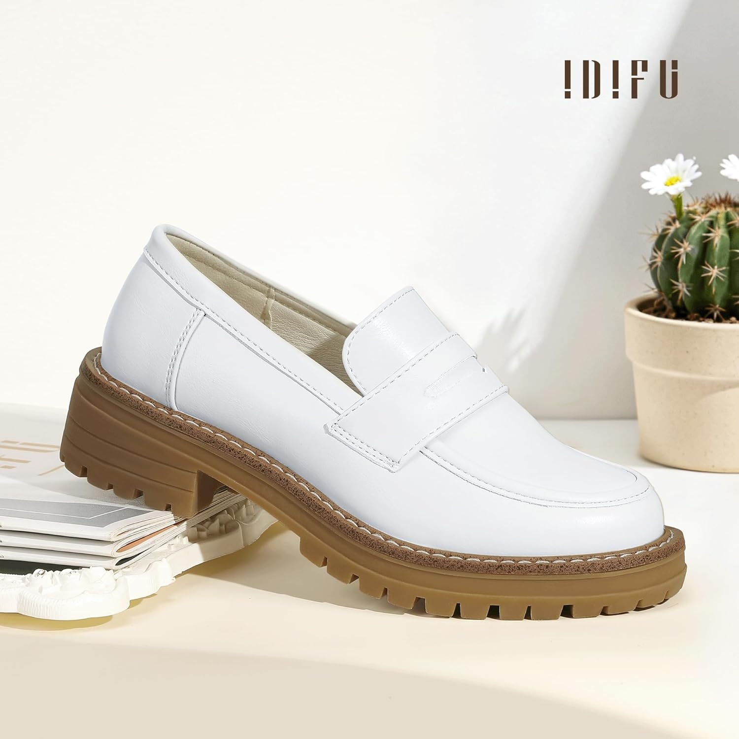 image:imageIDIFU IN2 Womens Platform Loafers Chunky Penny Heeled Loafer Lug Sole Slip On Closed Toe Dress Shoes for Women Dressy Comfortable Work Office Business Casual Loafers ShoesWhite Pu