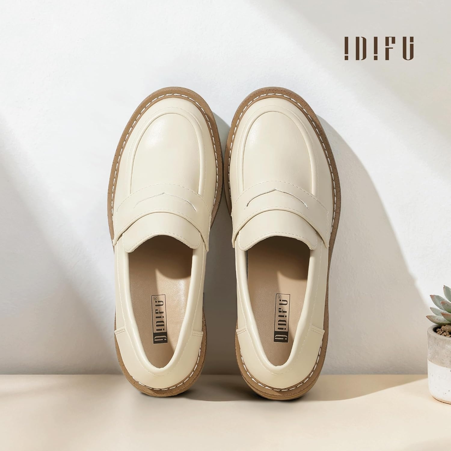 image:imageIDIFU IN2 Womens Platform Loafers Chunky Penny Heeled Loafer Lug Sole Slip On Closed Toe Dress Shoes for Women Dressy Comfortable Work Office Business Casual Loafers ShoesBeige Pu