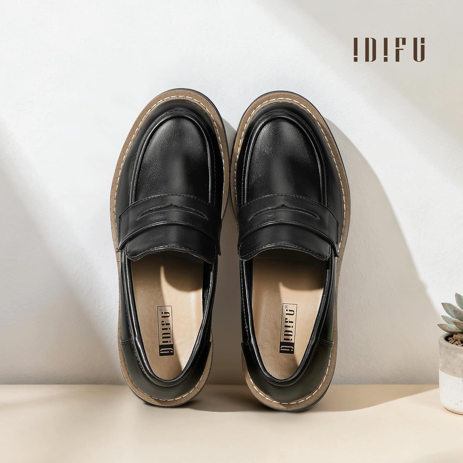 image:imageIDIFU IN2 Womens Platform Loafers Chunky Penny Heeled Loafer Lug Sole Slip On Closed Toe Dress Shoes for Women Dressy Comfortable Work Office Business Casual Loafers ShoesBlack Pu