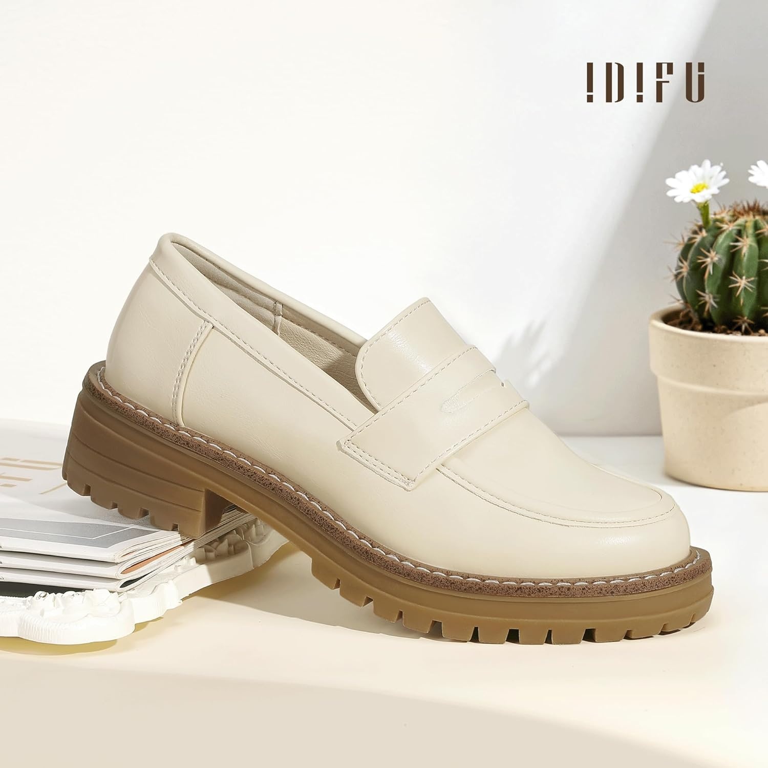 image:imageIDIFU IN2 Womens Platform Loafers Chunky Penny Heeled Loafer Lug Sole Slip On Closed Toe Dress Shoes for Women Dressy Comfortable Work Office Business Casual Loafers ShoesBeige Pu