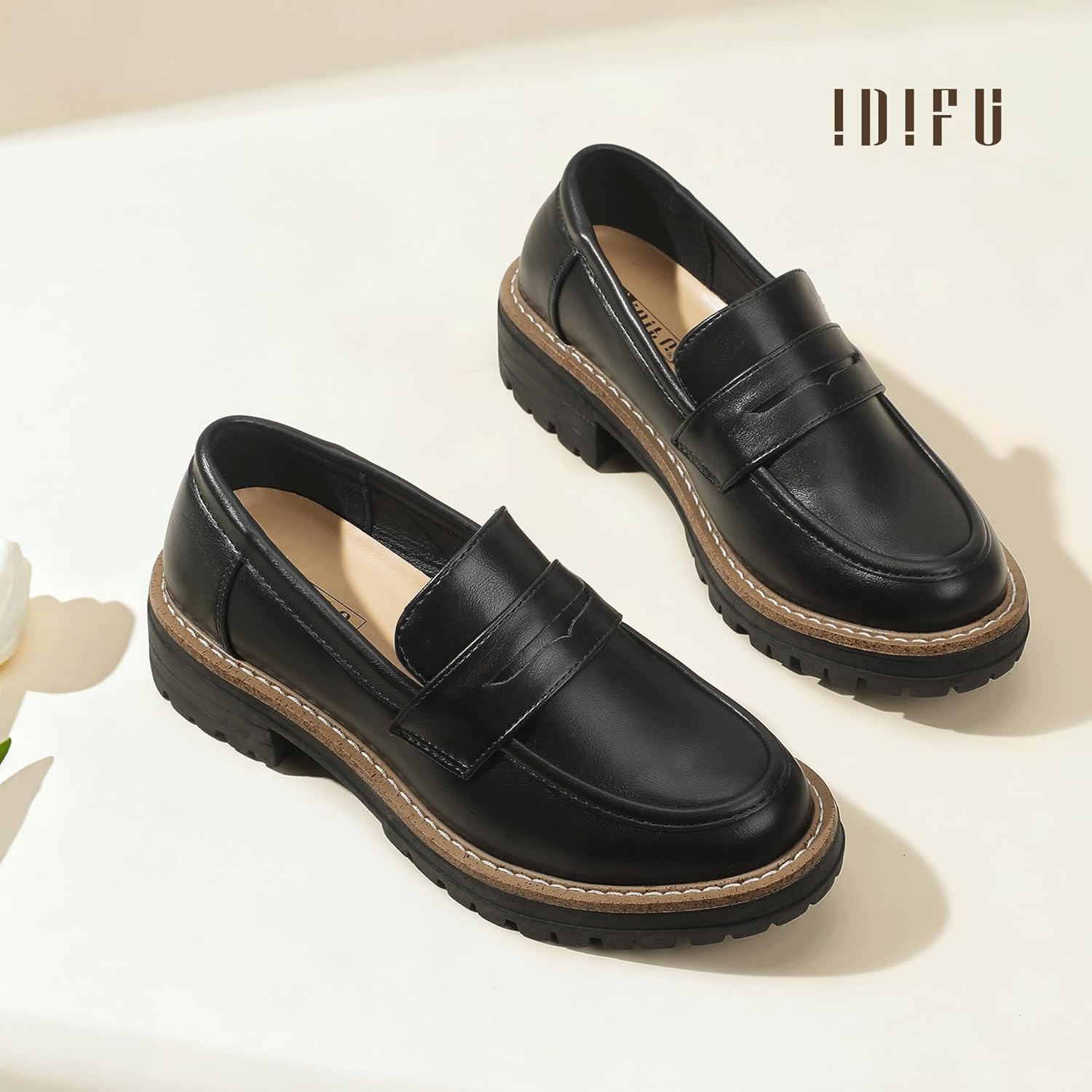 image:imageIDIFU IN2 Womens Platform Loafers Chunky Penny Heeled Loafer Lug Sole Slip On Closed Toe Dress Shoes for Women Dressy Comfortable Work Office Business Casual Loafers ShoesBlack Pu