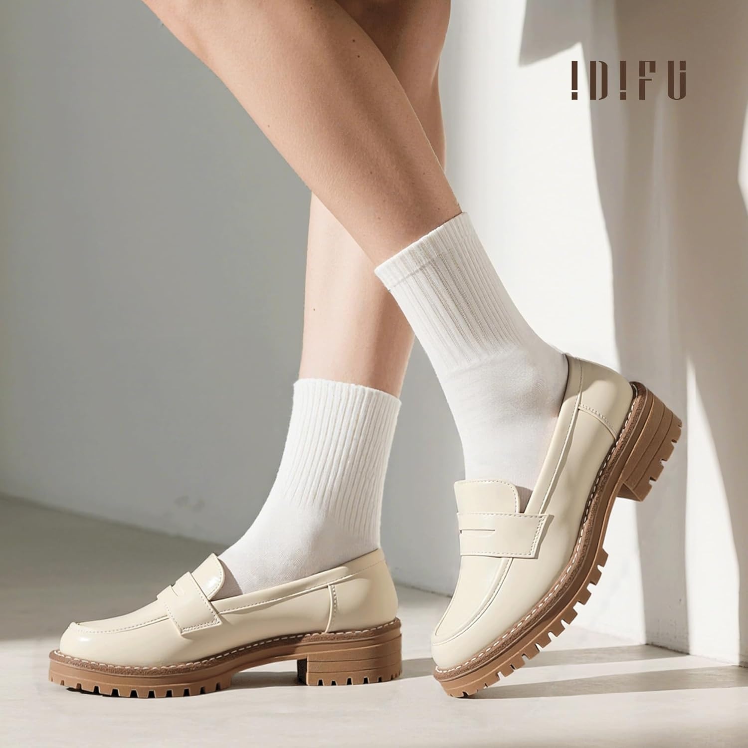 image:imageIDIFU IN2 Womens Platform Loafers Chunky Penny Heeled Loafer Lug Sole Slip On Closed Toe Dress Shoes for Women Dressy Comfortable Work Office Business Casual Loafers ShoesBeige Pu