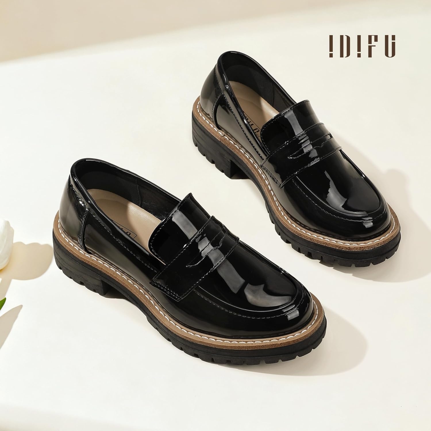 image:imageIDIFU IN2 Womens Platform Loafers Chunky Penny Heeled Loafer Lug Sole Slip On Closed Toe Dress Shoes for Women Dressy Comfortable Work Office Business Casual Loafers ShoesBlack Pat