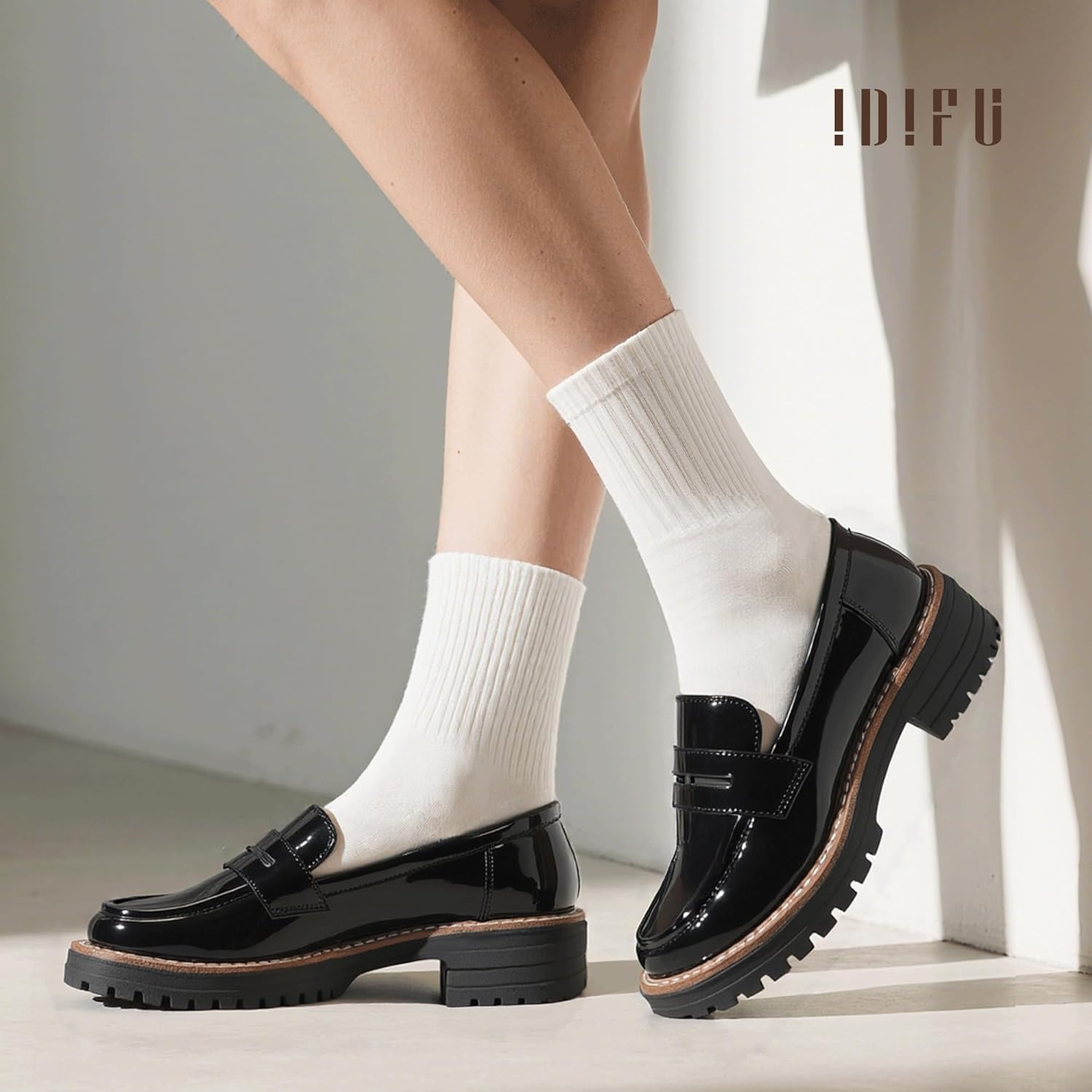 image:imageIDIFU IN2 Womens Platform Loafers Chunky Penny Heeled Loafer Lug Sole Slip On Closed Toe Dress Shoes for Women Dressy Comfortable Work Office Business Casual Loafers ShoesBlack Pat