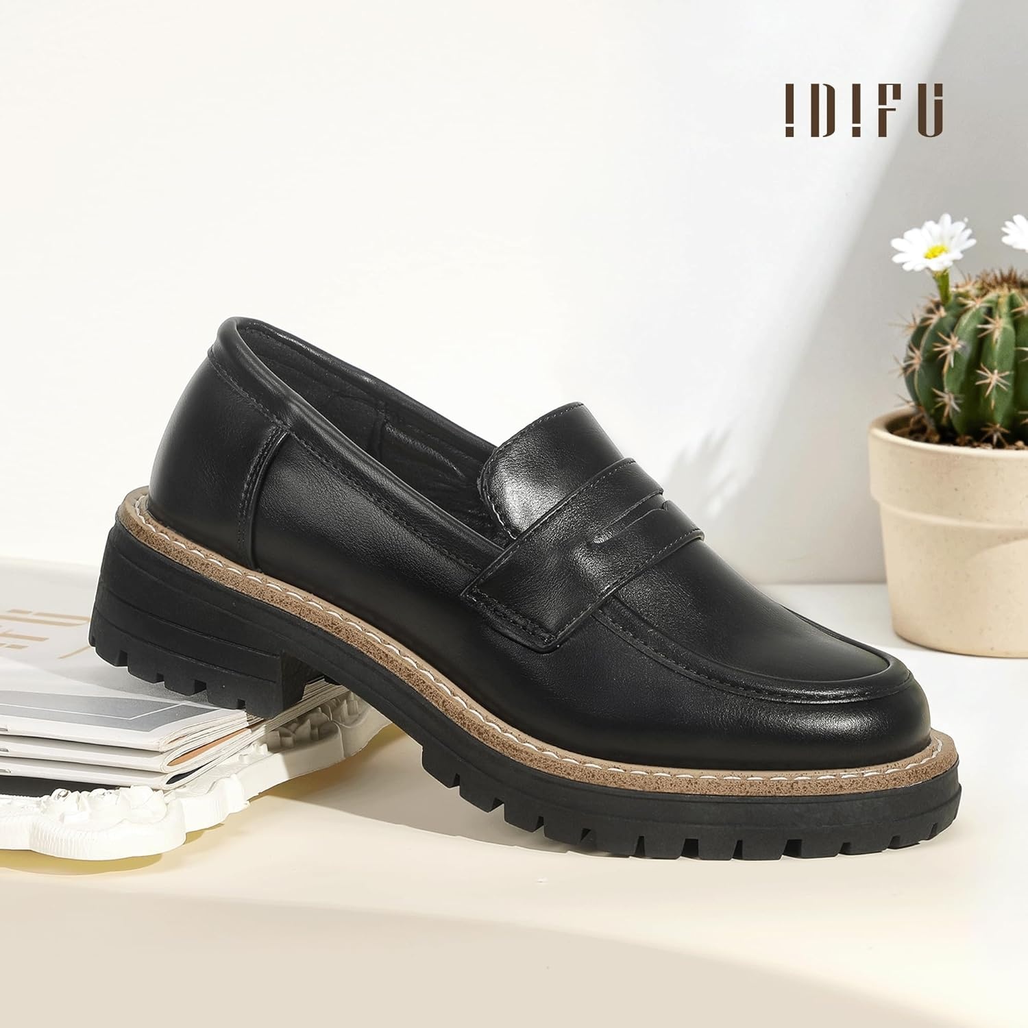 image:imageIDIFU IN2 Womens Platform Loafers Chunky Penny Heeled Loafer Lug Sole Slip On Closed Toe Dress Shoes for Women Dressy Comfortable Work Office Business Casual Loafers ShoesBlack Pu