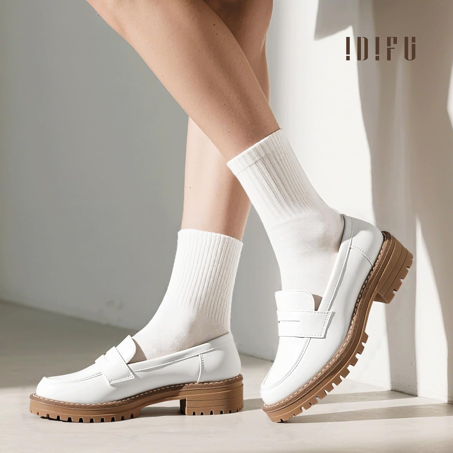 image:imageIDIFU IN2 Womens Platform Loafers Chunky Penny Heeled Loafer Lug Sole Slip On Closed Toe Dress Shoes for Women Dressy Comfortable Work Office Business Casual Loafers ShoesWhite Pu