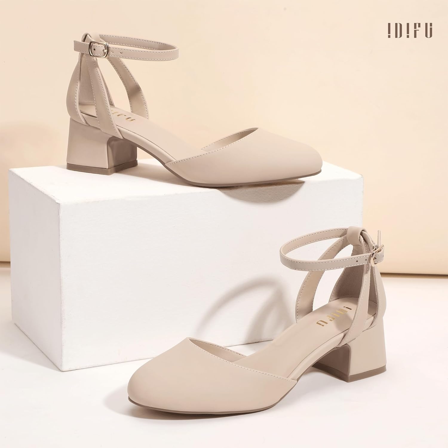 image:imageIDIFU IN2 Womens Pumps Closed Round Toe Low Block Chunky Ankle Strap Heels Dressy Wedding Bride Prom Business Office Dress Shoes for Women Comfortable Cute Formal Short Small HeelsNude Nubuck