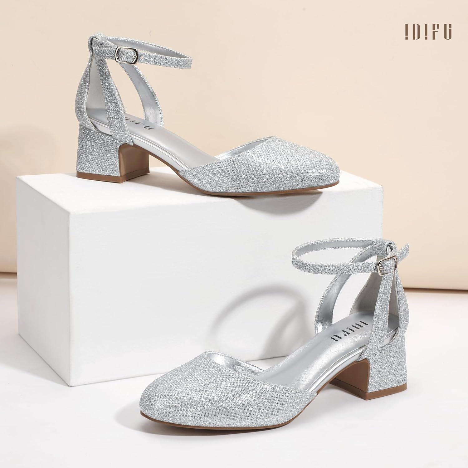 image:imageIDIFU IN2 Womens Pumps Closed Round Toe Low Block Chunky Ankle Strap Heels Dressy Wedding Bride Prom Business Office Dress Shoes for Women Comfortable Cute Formal Short Small HeelsSilver Glitter