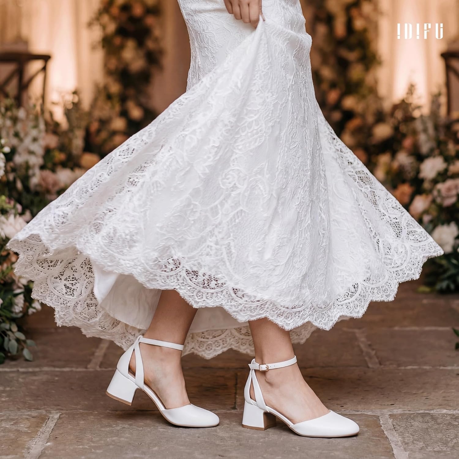 image:imageIDIFU IN2 Womens Pumps Closed Round Toe Low Block Chunky Ankle Strap Heels Dressy Wedding Bride Prom Business Office Dress Shoes for Women Comfortable Cute Formal Short Small HeelsWhite Pu