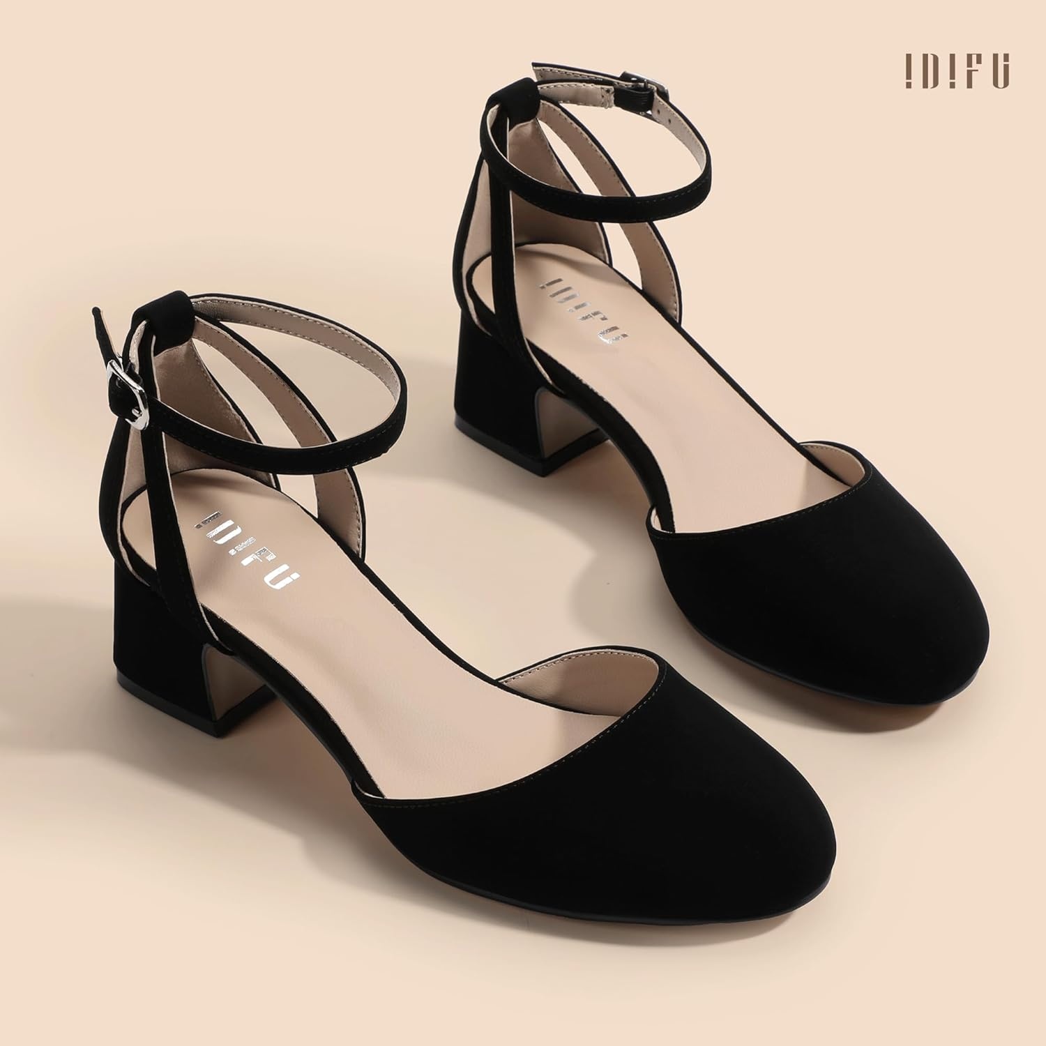 image:imageIDIFU IN2 Womens Pumps Closed Round Toe Low Block Chunky Ankle Strap Heels Dressy Wedding Bride Prom Business Office Dress Shoes for Women Comfortable Cute Formal Short Small HeelsBlack Nubuck
