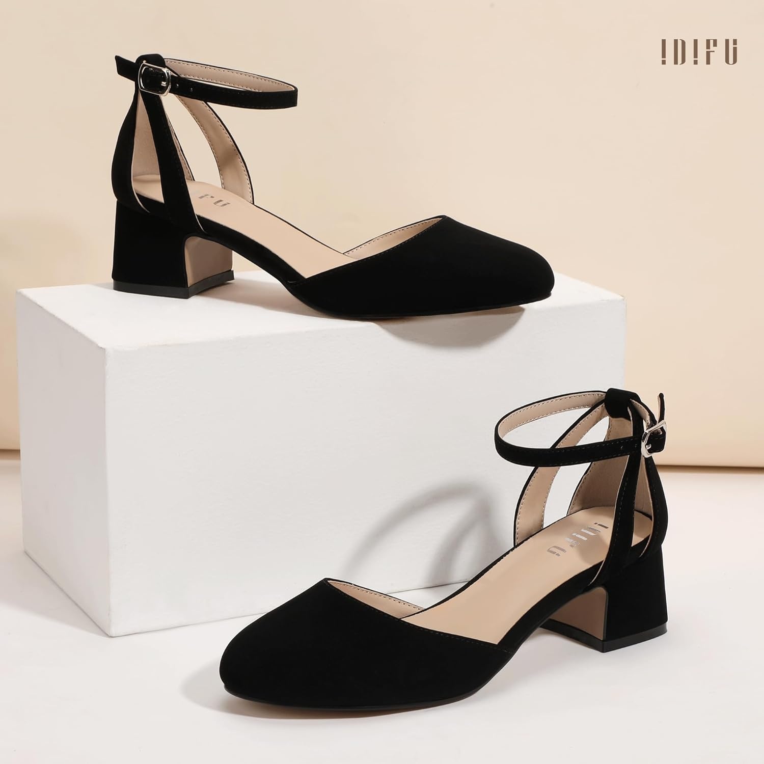 image:imageIDIFU IN2 Womens Pumps Closed Round Toe Low Block Chunky Ankle Strap Heels Dressy Wedding Bride Prom Business Office Dress Shoes for Women Comfortable Cute Formal Short Small HeelsBlack Nubuck