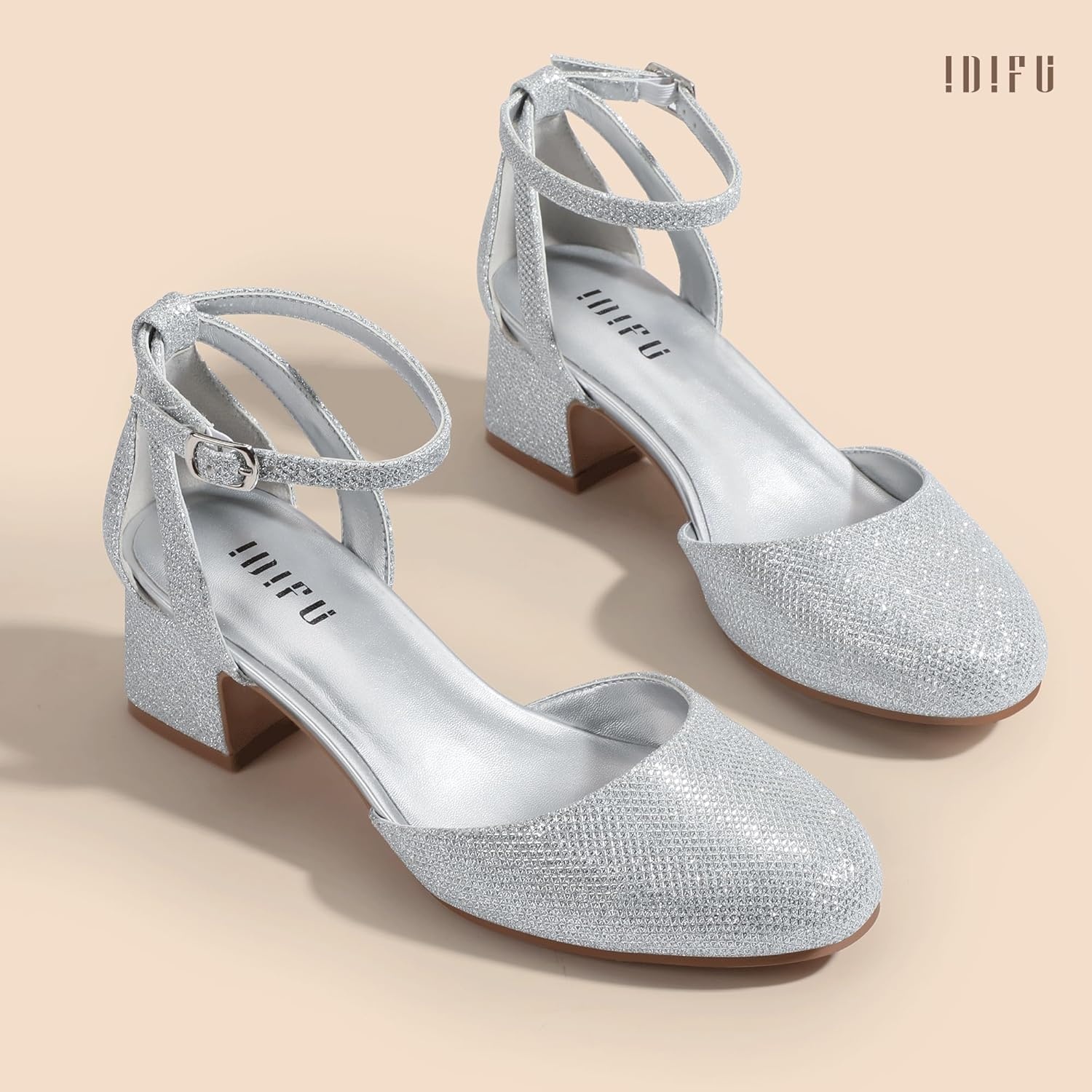 image:imageIDIFU IN2 Womens Pumps Closed Round Toe Low Block Chunky Ankle Strap Heels Dressy Wedding Bride Prom Business Office Dress Shoes for Women Comfortable Cute Formal Short Small HeelsSilver Glitter