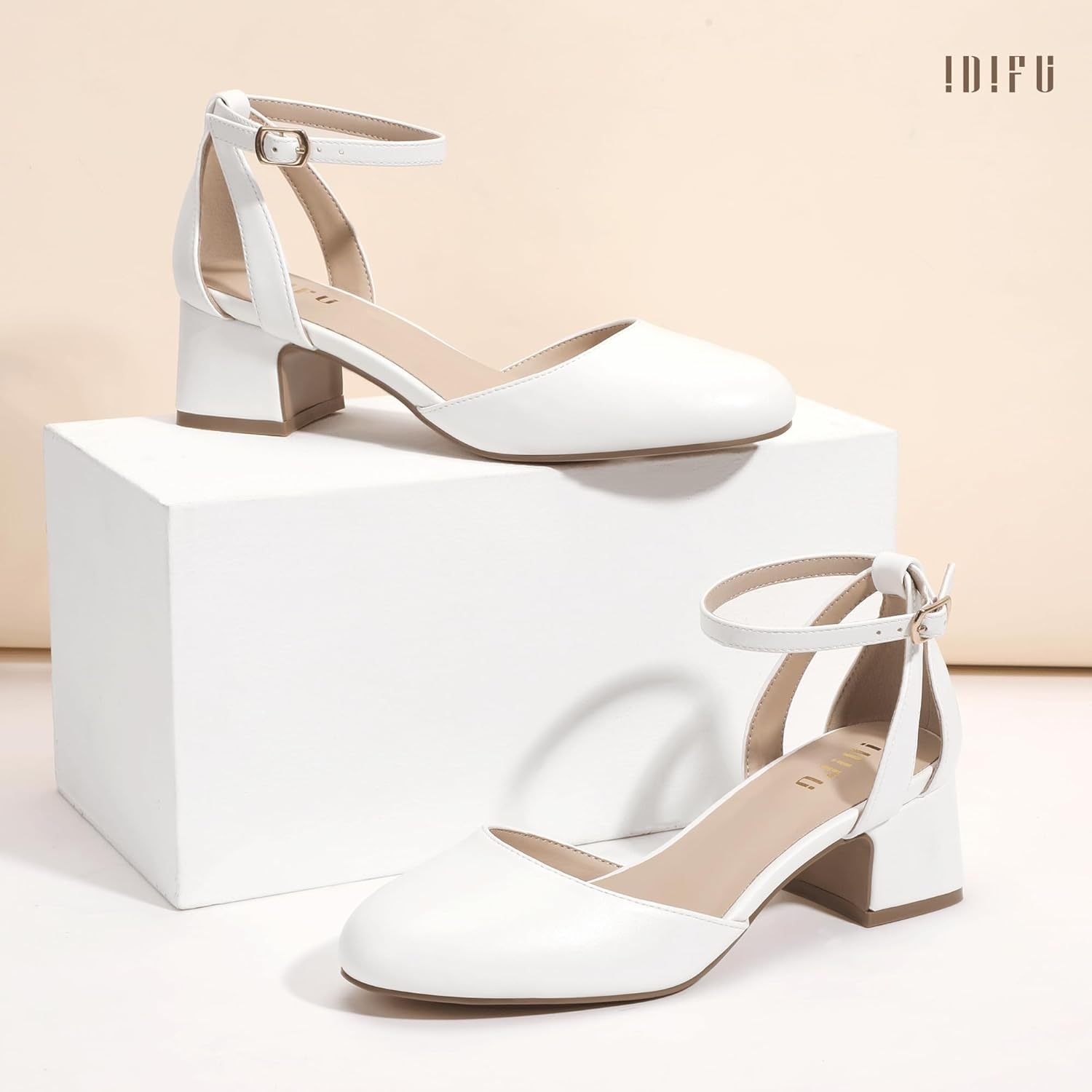 image:imageIDIFU IN2 Womens Pumps Closed Round Toe Low Block Chunky Ankle Strap Heels Dressy Wedding Bride Prom Business Office Dress Shoes for Women Comfortable Cute Formal Short Small HeelsWhite Pu