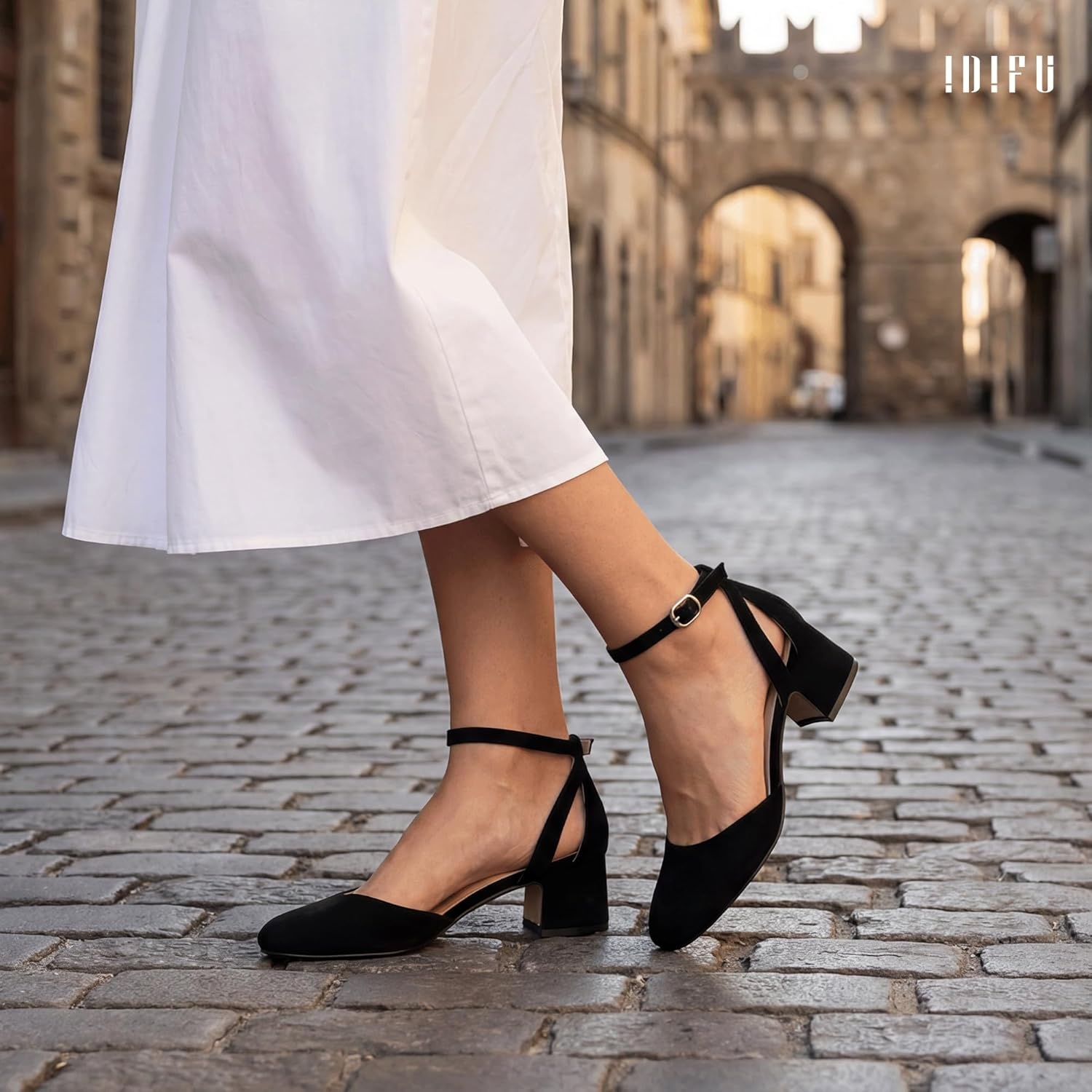image:imageIDIFU IN2 Womens Pumps Closed Round Toe Low Block Chunky Ankle Strap Heels Dressy Wedding Bride Prom Business Office Dress Shoes for Women Comfortable Cute Formal Short Small HeelsBlack Nubuck
