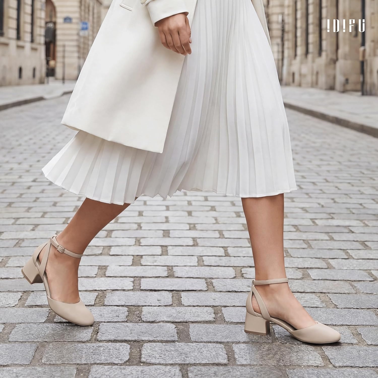 image:imageIDIFU IN2 Womens Pumps Closed Round Toe Low Block Chunky Ankle Strap Heels Dressy Wedding Bride Prom Business Office Dress Shoes for Women Comfortable Cute Formal Short Small HeelsNude Nubuck