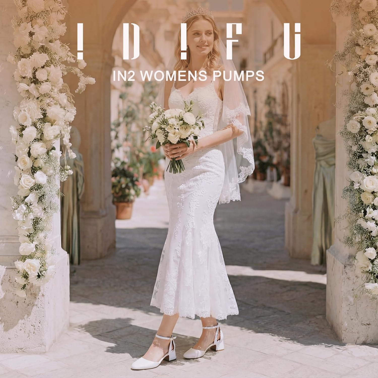 image:imageIDIFU IN2 Womens Pumps Closed Round Toe Low Block Chunky Ankle Strap Heels Dressy Wedding Bride Prom Business Office Dress Shoes for Women Comfortable Cute Formal Short Small HeelsWhite Pu