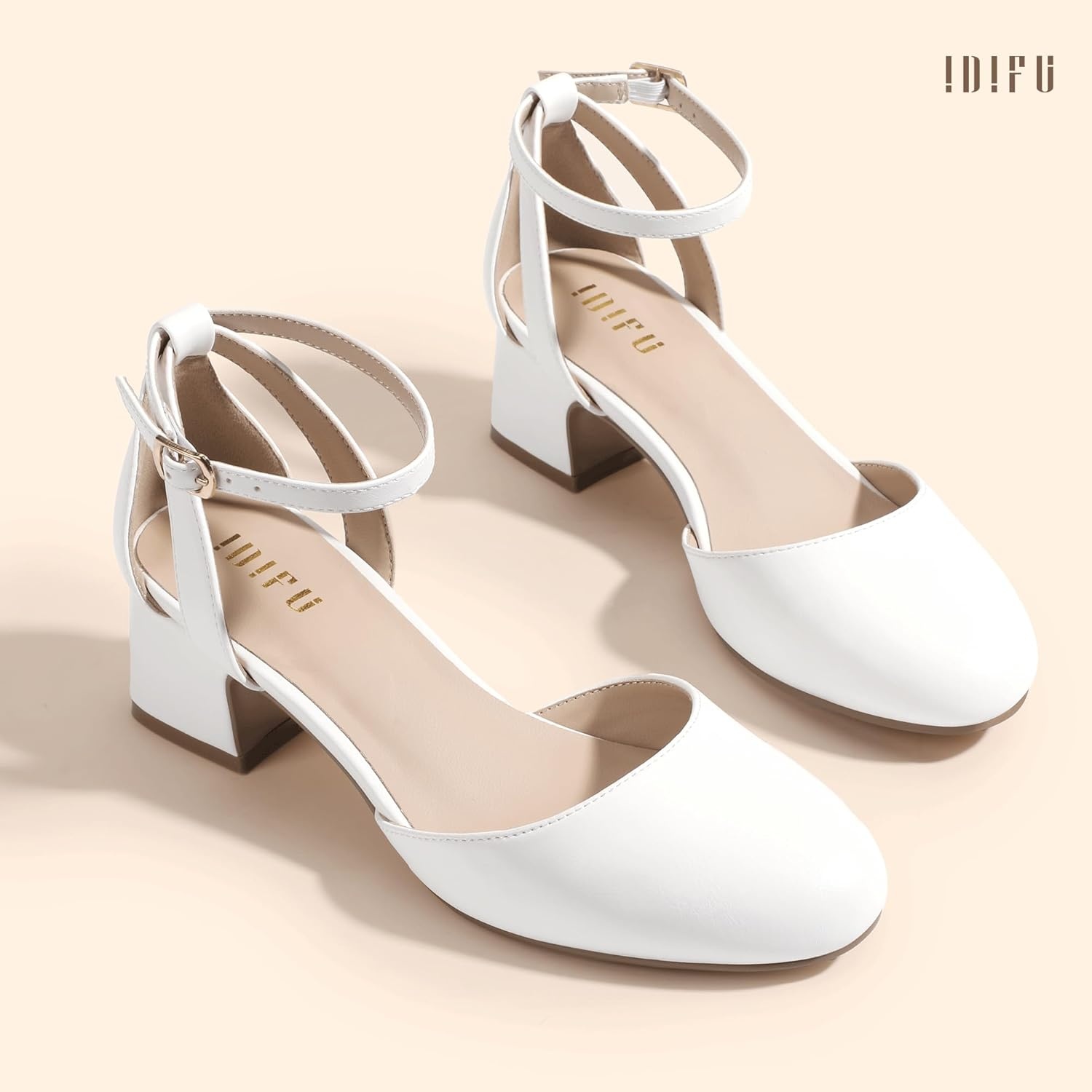 image:imageIDIFU IN2 Womens Pumps Closed Round Toe Low Block Chunky Ankle Strap Heels Dressy Wedding Bride Prom Business Office Dress Shoes for Women Comfortable Cute Formal Short Small HeelsWhite Pu