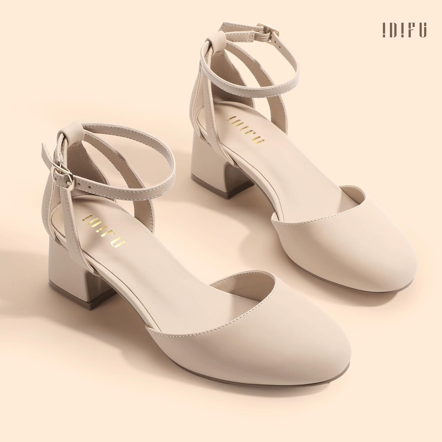 image:imageIDIFU IN2 Womens Pumps Closed Round Toe Low Block Chunky Ankle Strap Heels Dressy Wedding Bride Prom Business Office Dress Shoes for Women Comfortable Cute Formal Short Small HeelsNude Nubuck