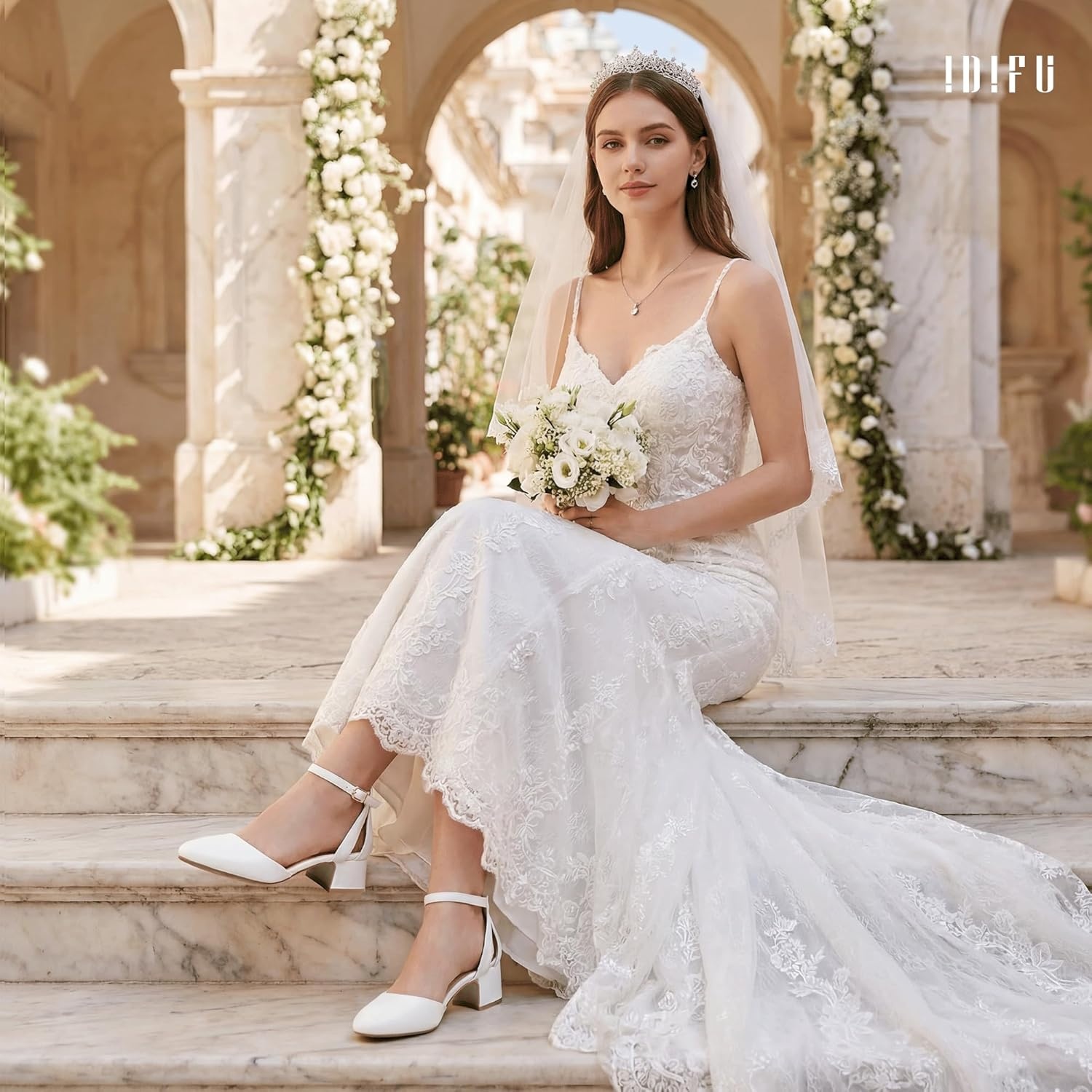 image:imageIDIFU IN2 Womens Pumps Closed Round Toe Low Block Chunky Ankle Strap Heels Dressy Wedding Bride Prom Business Office Dress Shoes for Women Comfortable Cute Formal Short Small HeelsWhite Pu