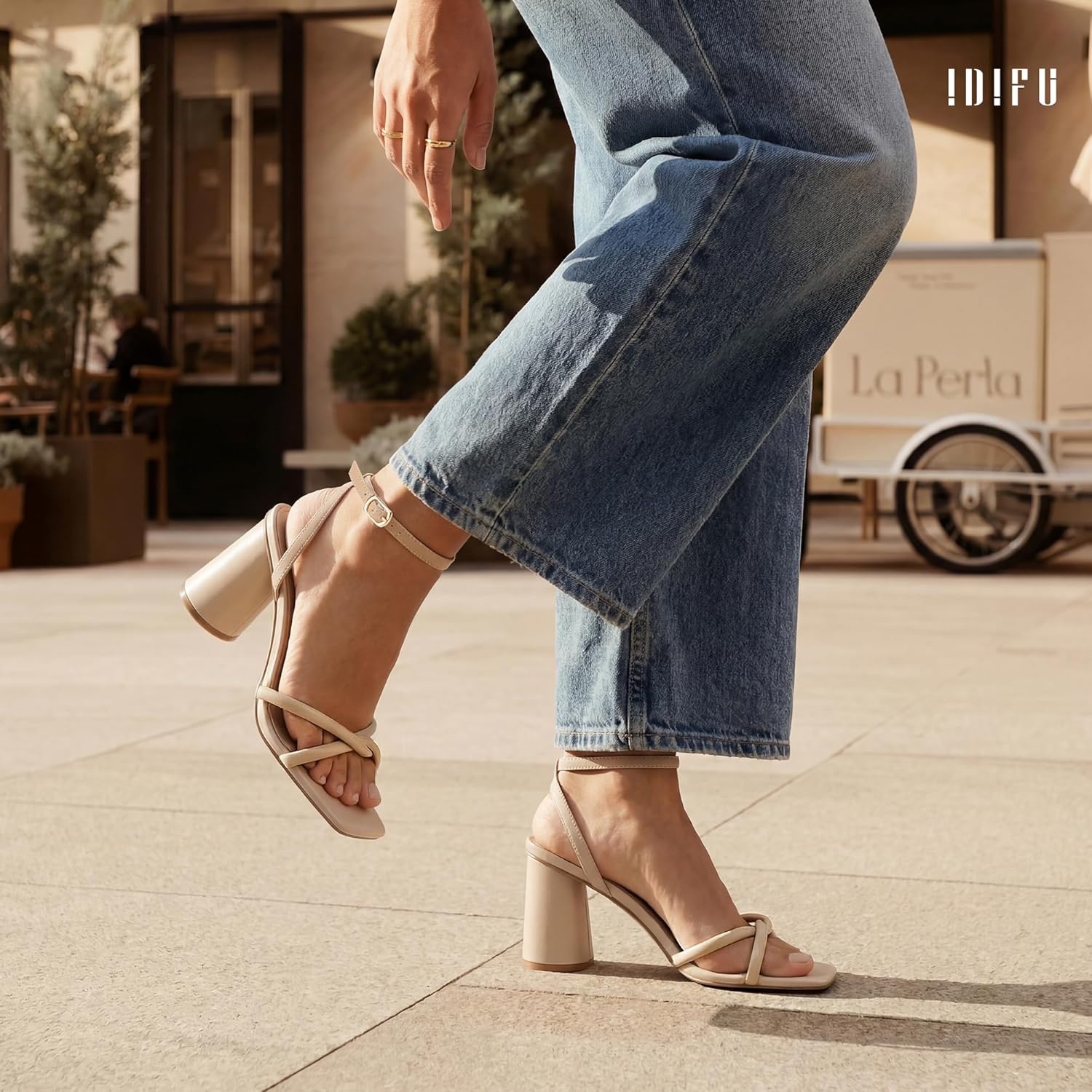 image:imageIDIFU IN3 Chunky Strappy Heels for Women High Block Open Square Toe Heel Dressy Ankle Strap Heeled Sandals Dress Shoes for Women Wedding Bridal Office Prom Shoe Thick HeelsNude Pu