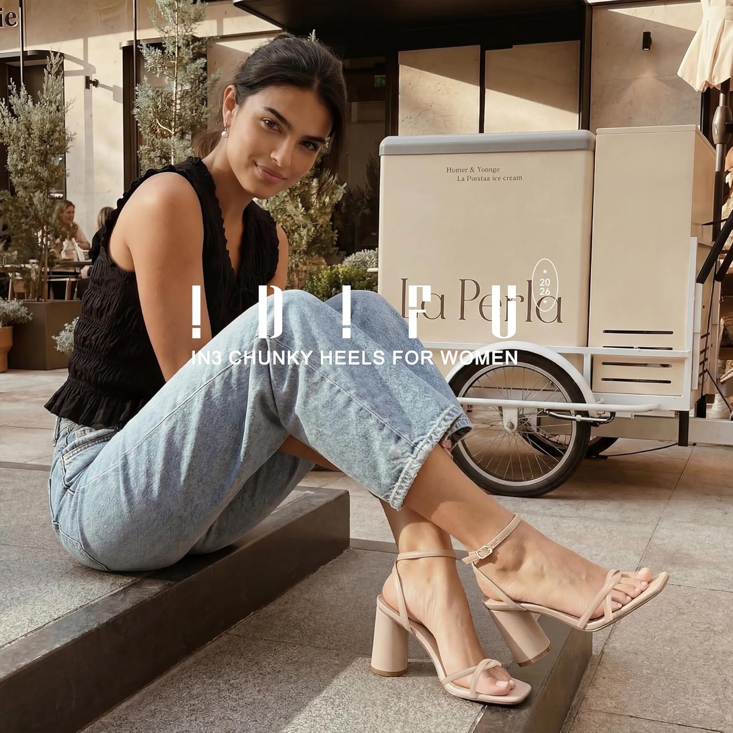 image:imageIDIFU IN3 Chunky Strappy Heels for Women High Block Open Square Toe Heel Dressy Ankle Strap Heeled Sandals Dress Shoes for Women Wedding Bridal Office Prom Shoe Thick HeelsNude Pu